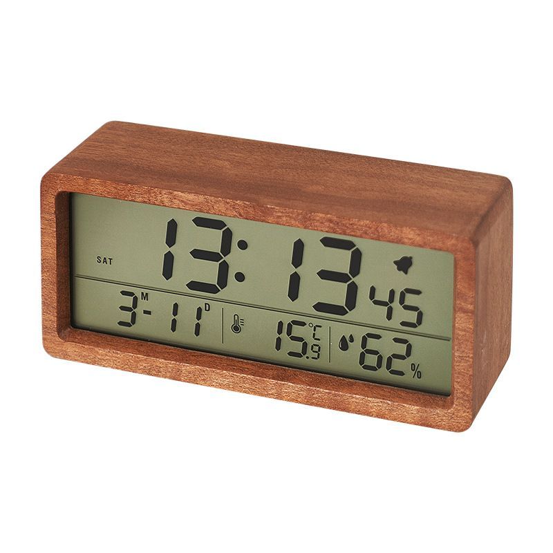 Wood Alarm Clock Humidity Temperature Portable Snooze Bedside Kids Room Table Clocks