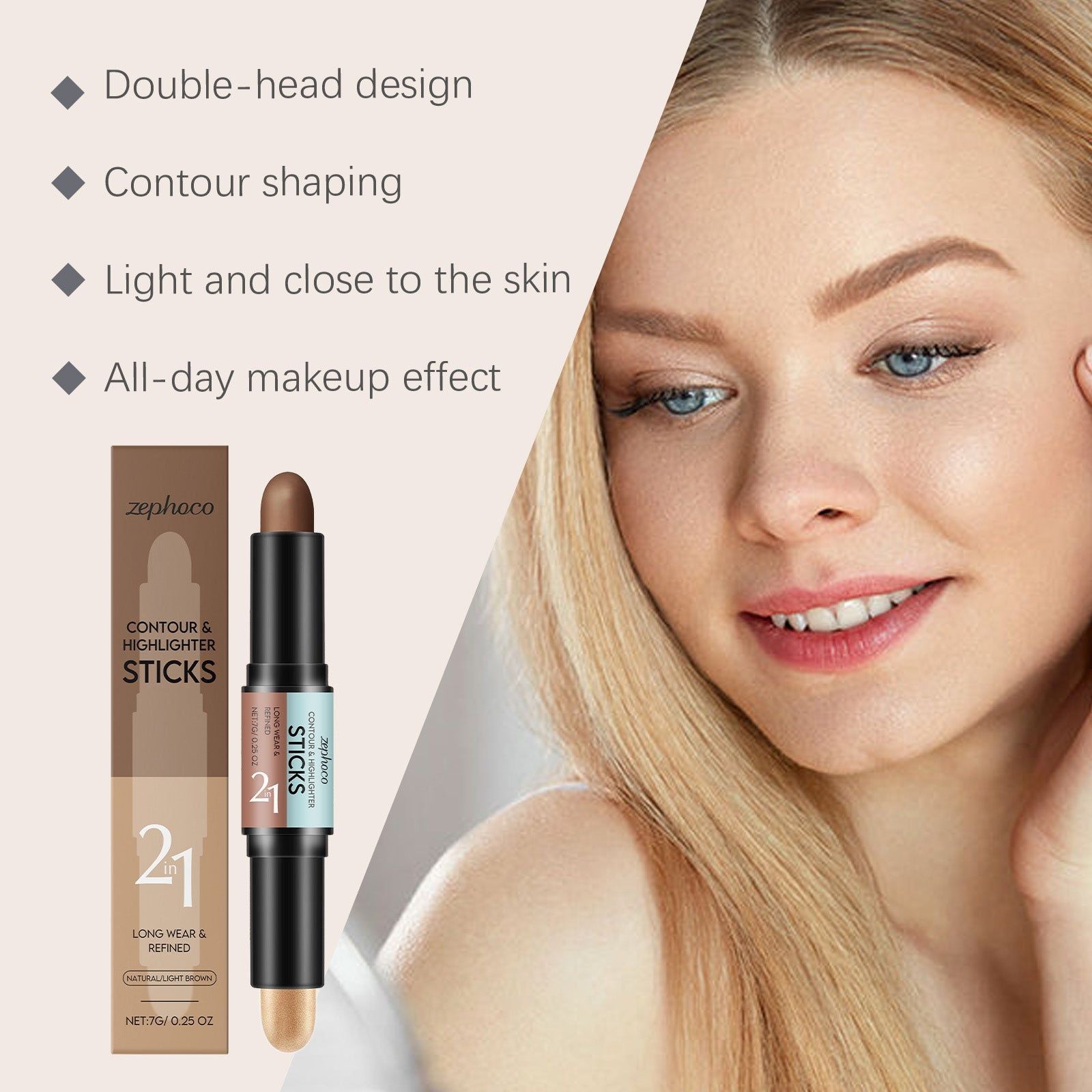 2-in-1 Contouring and Highlighting Stick, Natural & Light Coffee, Easy Makeup, Portable, Flawless 3D Face Sculpting ,7g