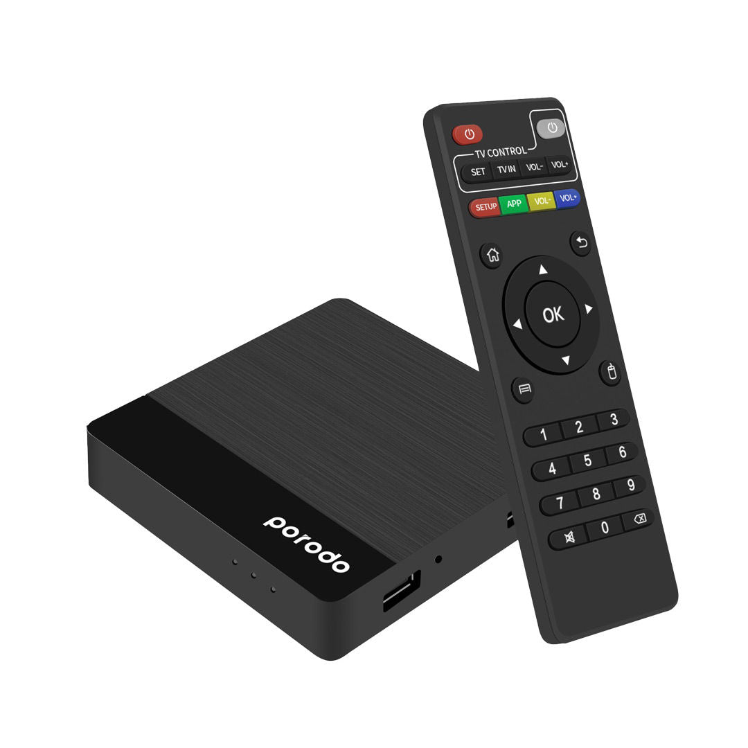 Porodo Android TV Box 1080 Full HD Video Streaming, 1GB RAM, 8GB Storage, Black