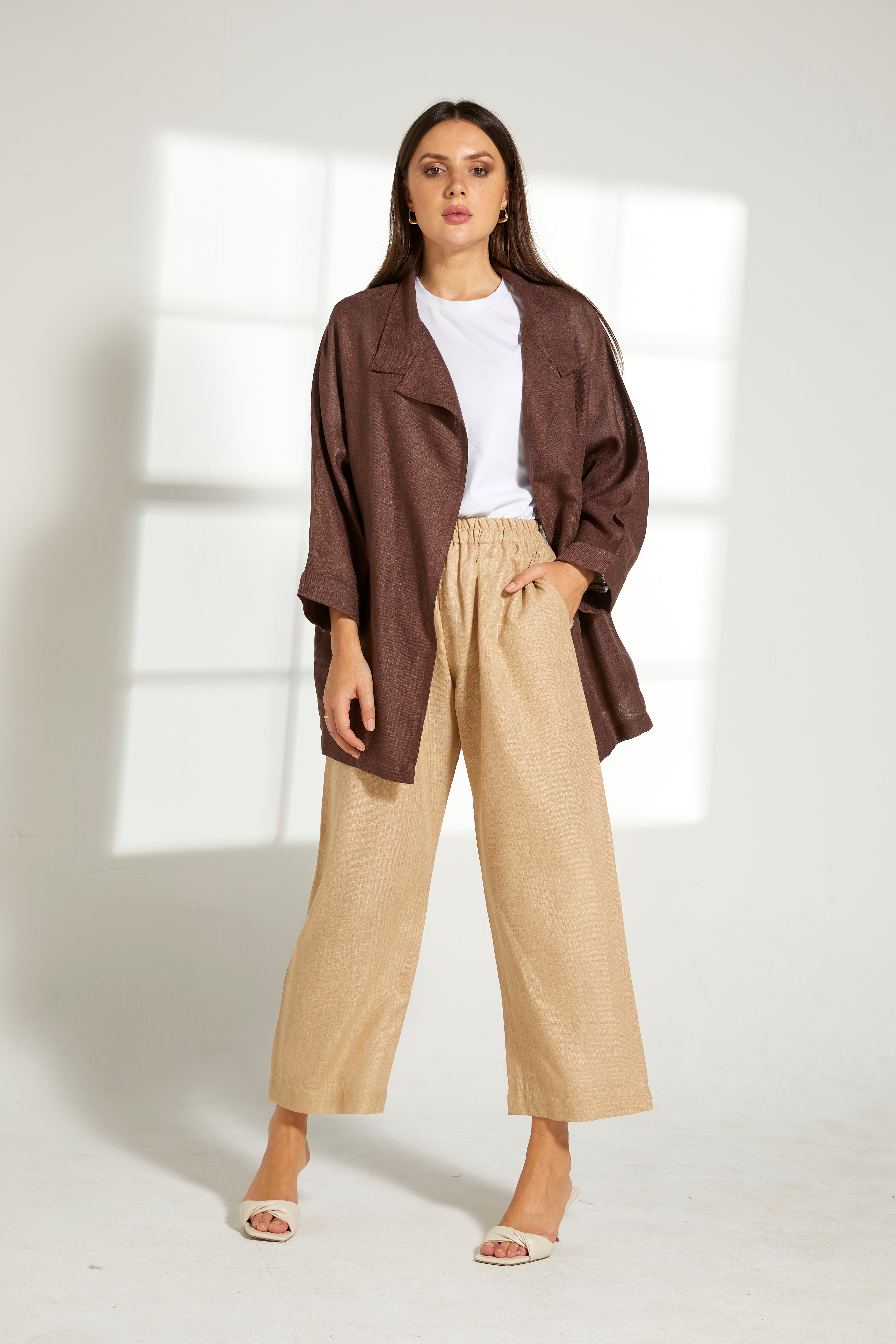 MOiSTREET Brown  Linen Top and Beige Pants Set