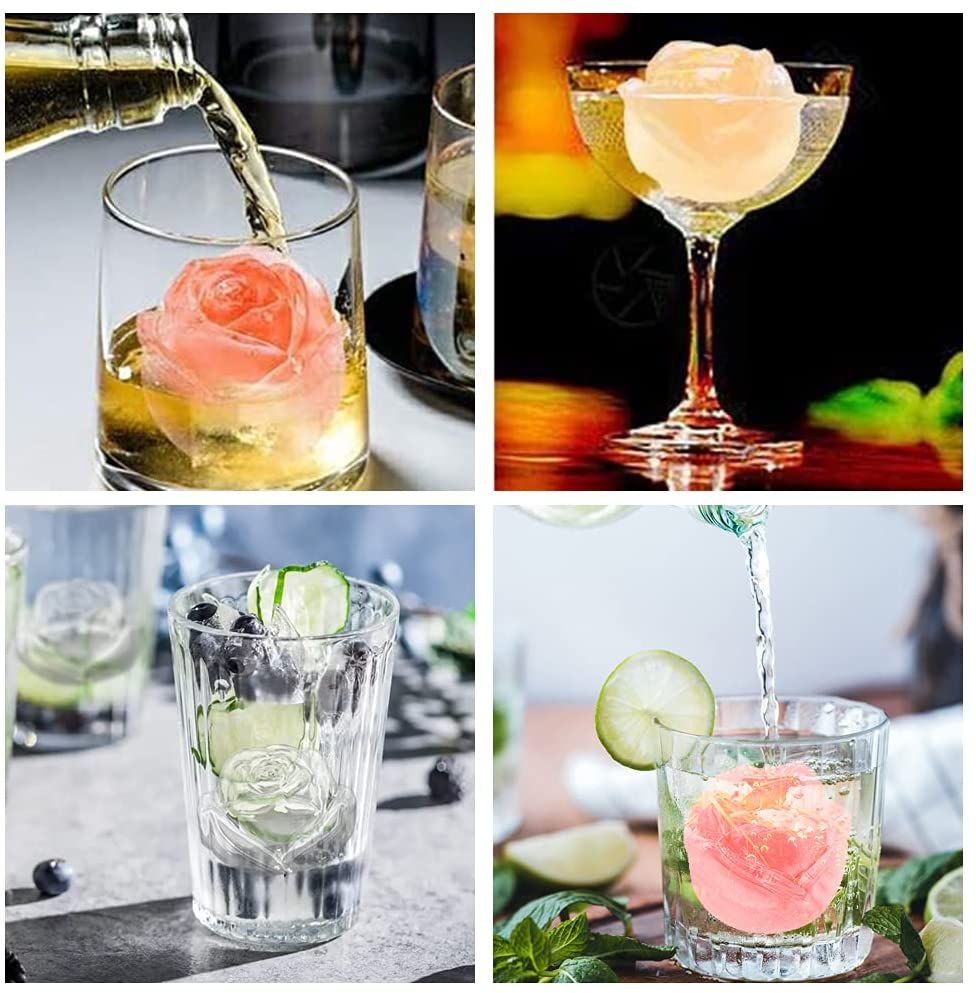 4 Cavity Ice Cube Trays 3D Silicone Rose Ice Tray Mold With Removable Funnel-Shaped Lid