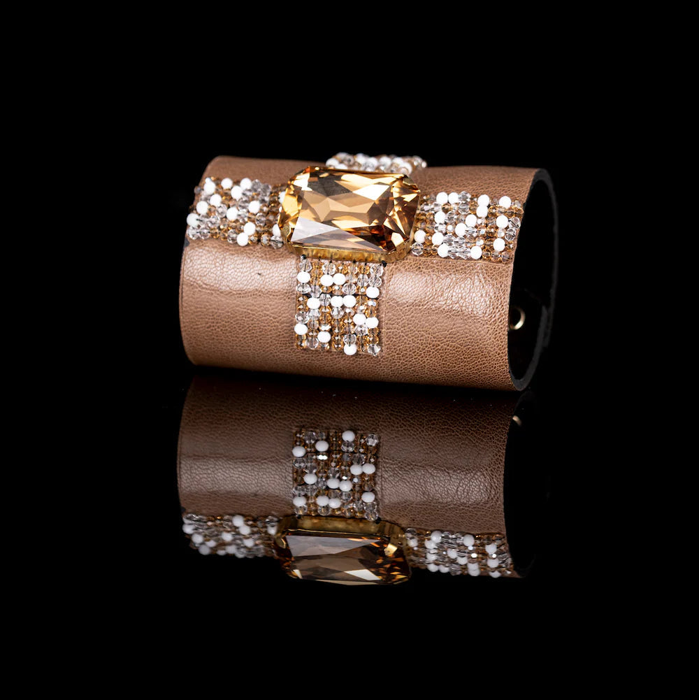 The Dark Champagne Grid Cuff Taupe Leather Crystal Statement Bracelet