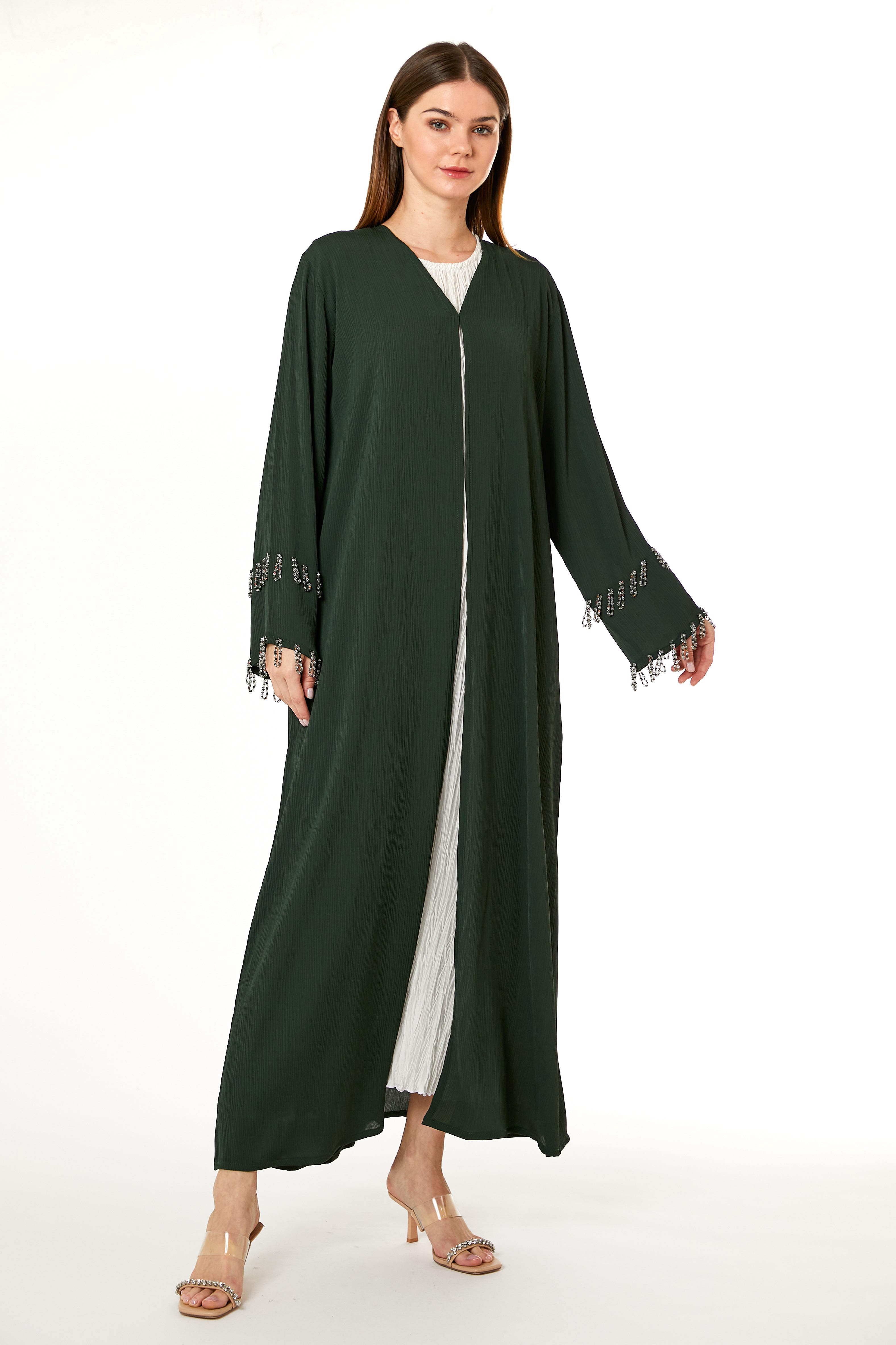 MOiSTREET Dark Green Zoom Hand Embellished Abaya