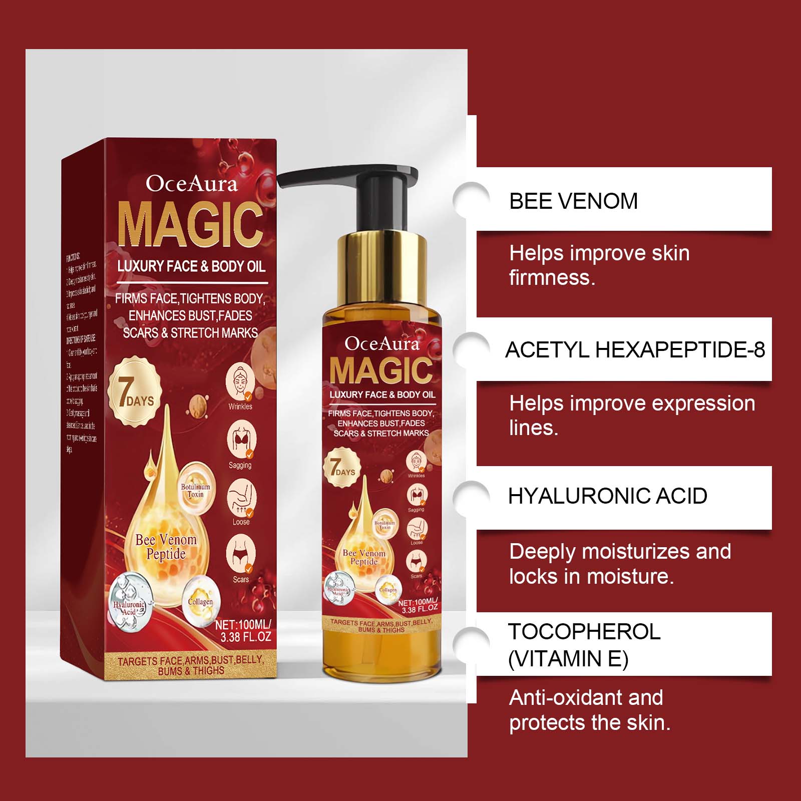 Bee Venom Skin Care Oil, Hydrating, Anti-Aging, Moisturizing, Elasticity ,100ml