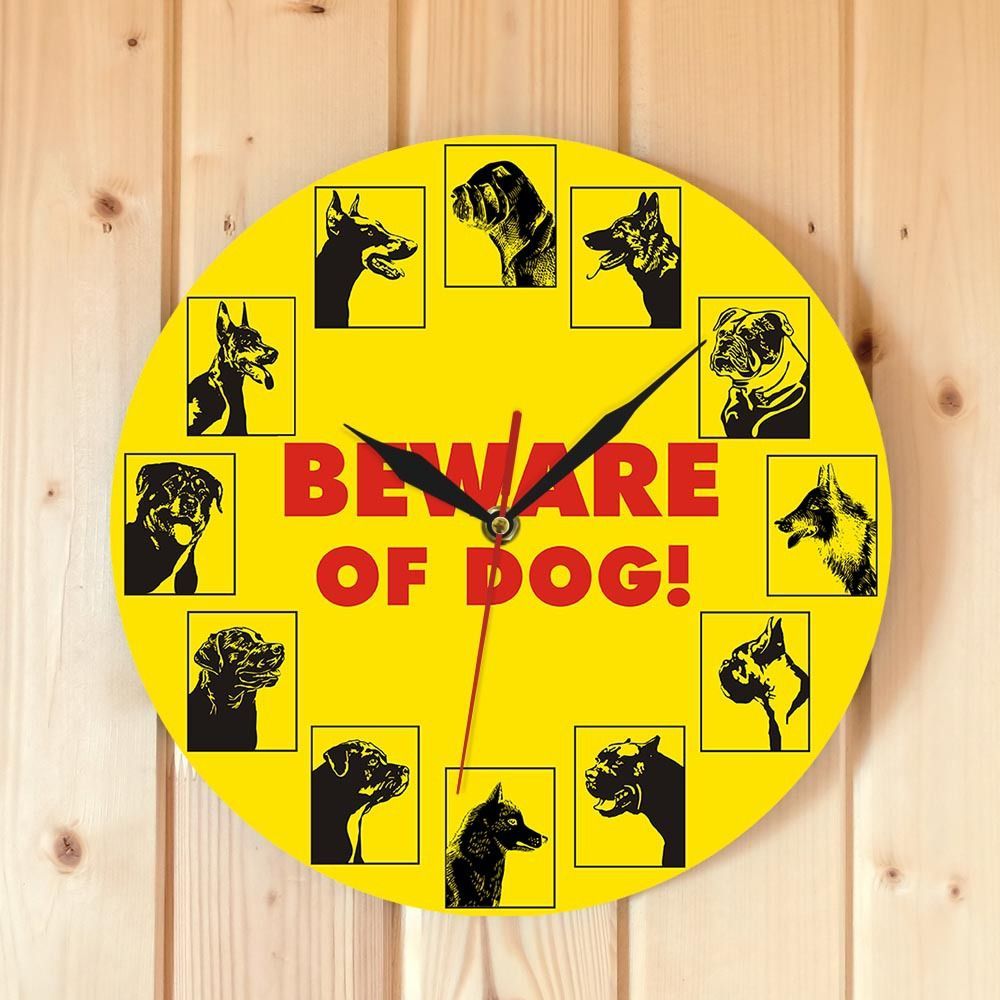 12 Inch Beware of Dog Wall Clock, Yellow Acrylic Dog Breed Home Wall Decor