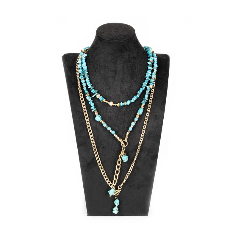 The Dark Layered Turquoise Beaded Necklace with Gold Chain