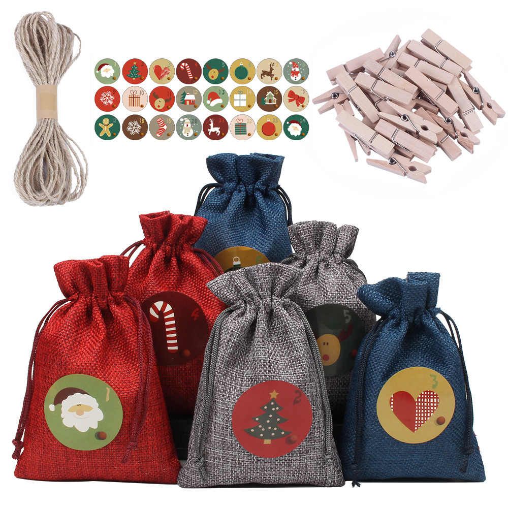 24 Days Advent Calendars Bags Christmas Drawstring Burlap Gift Bag DIY Xmas Decorations