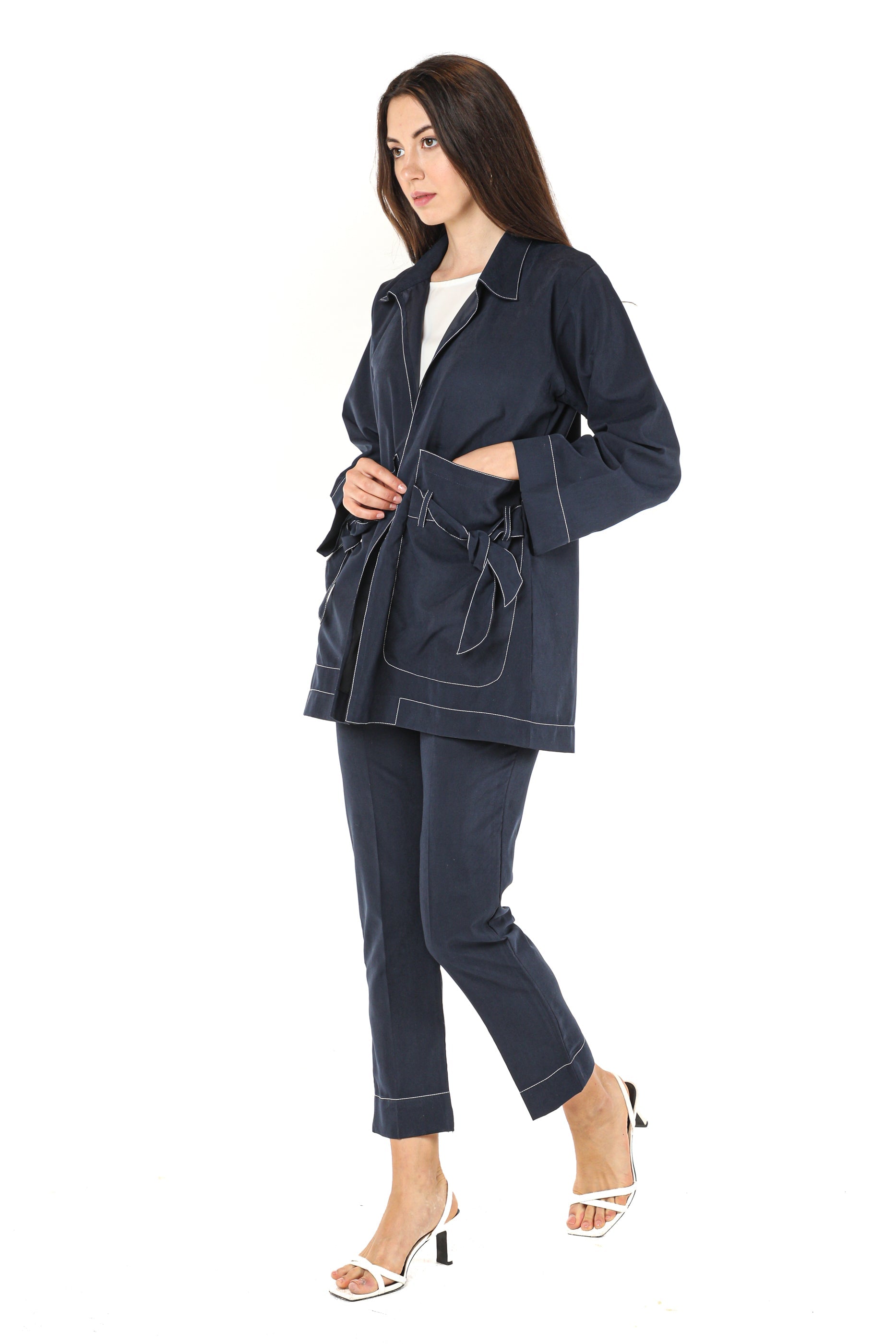 MOiSTREET Navy Shamua Fabric Jacket And Pants With Crepe Top