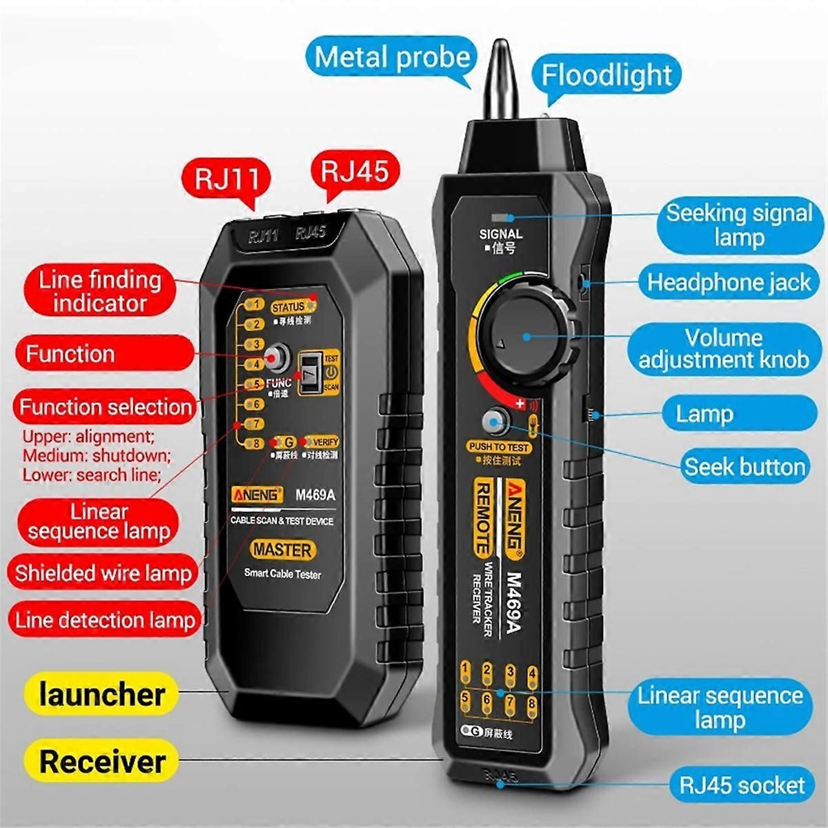 M469A Network Cable Finder RJ45 RJ11 LAN Finder Tester ,Black
