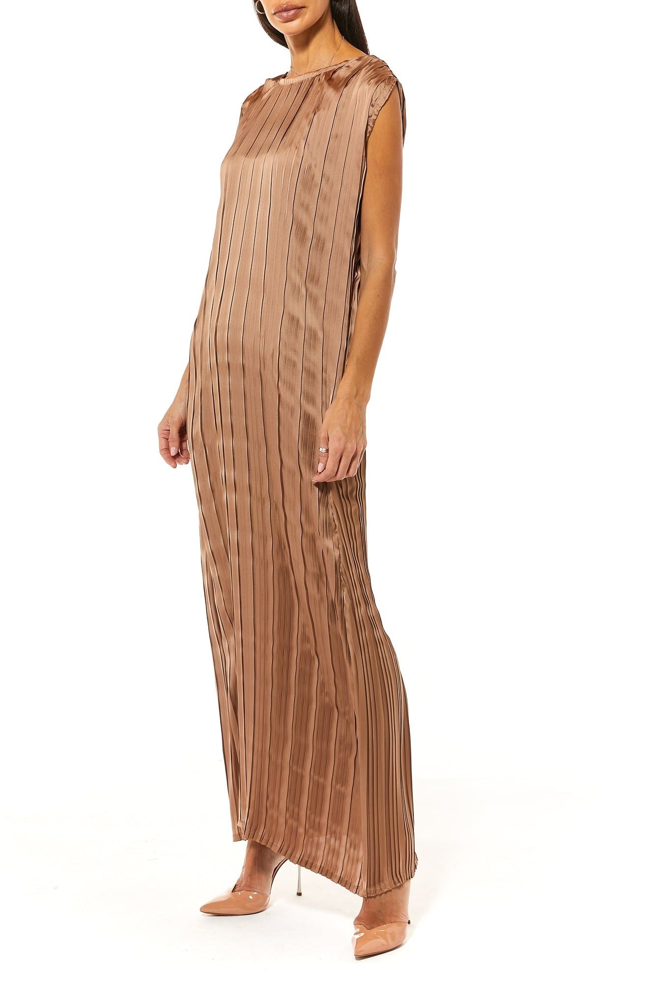 MOiSTREET Brown Pleated Silk Under Dress