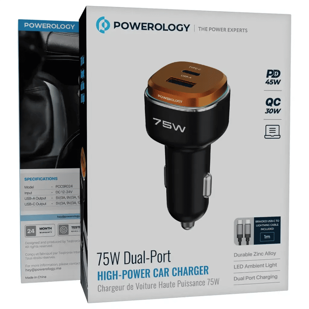 Powerology 75W Dual-Port High-Power Car Charger with Lightning Cable, Black/Orange