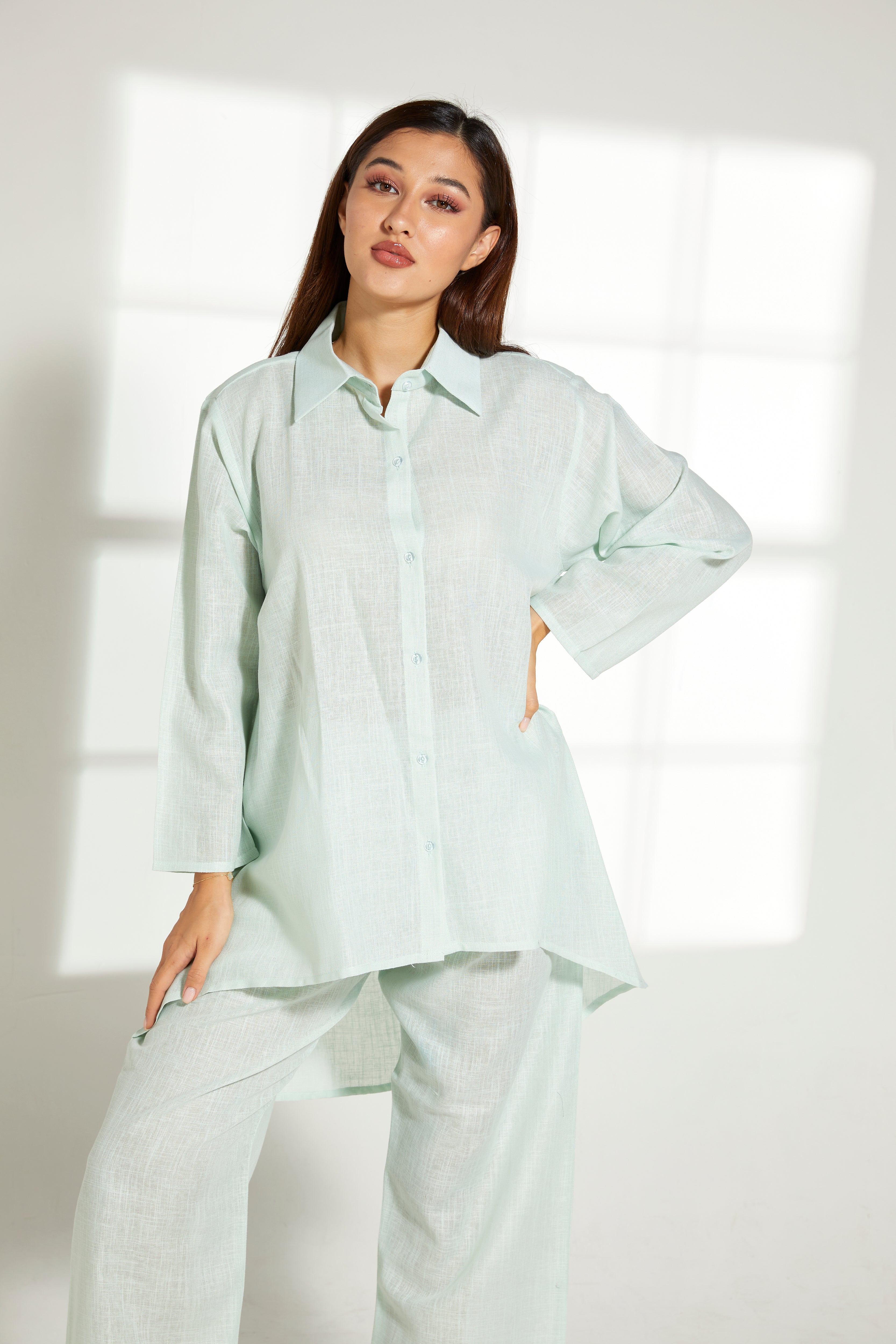 MOiSTREET Sea Green Linen Fabric Top and Pants Set