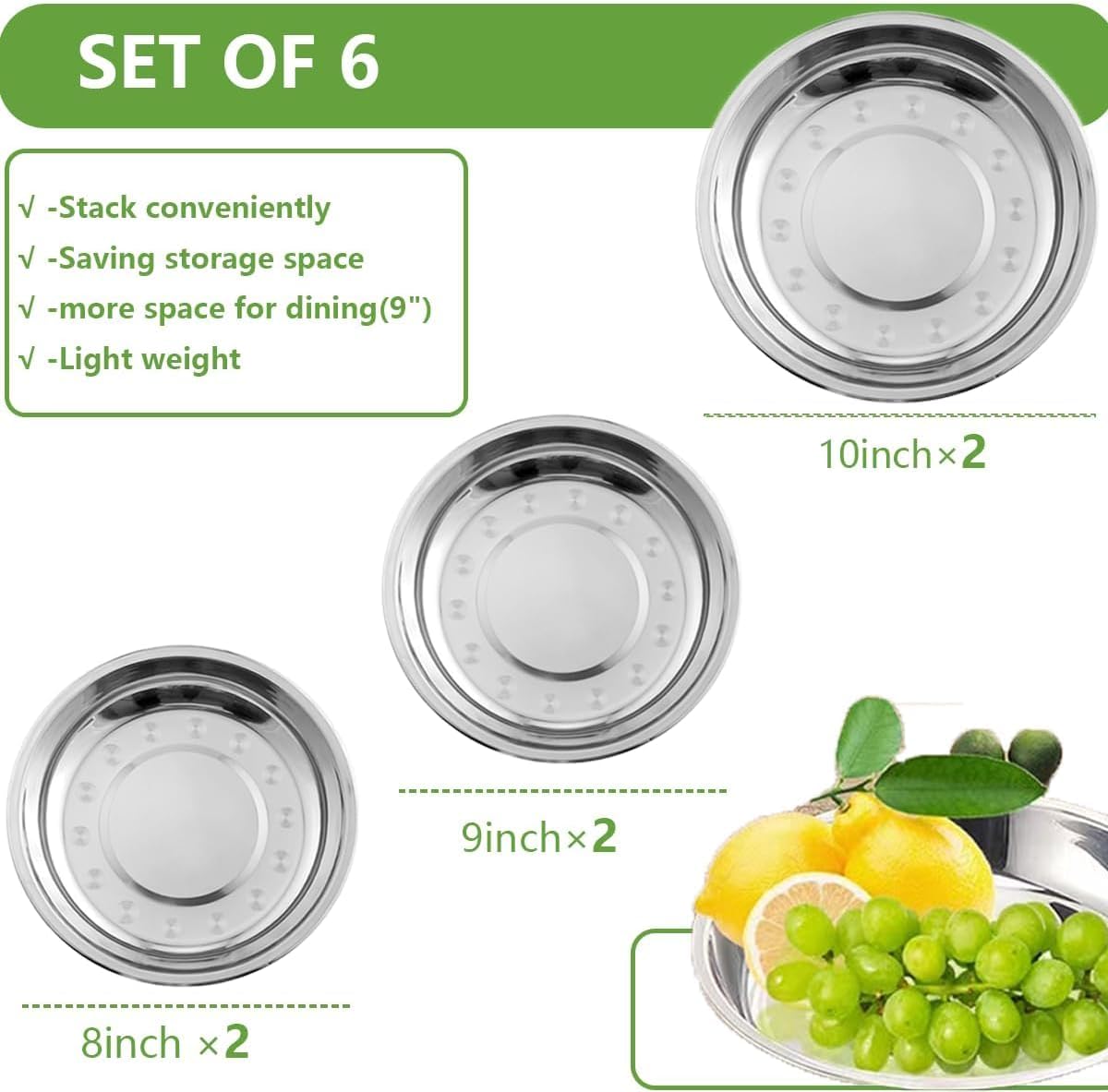 6 Stainless Steel Lightweight Dinner Plates Unbreakable Design