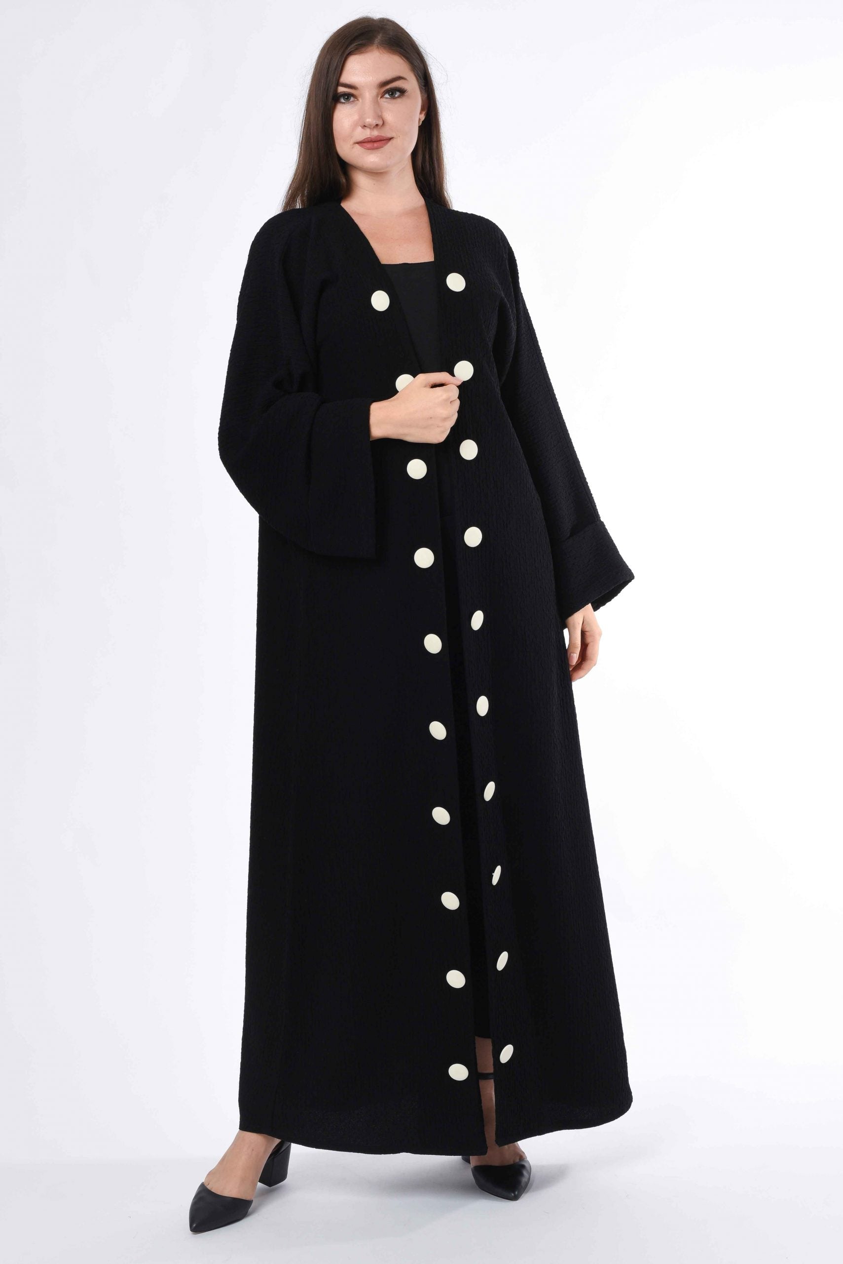 MOiSTREET Black Coat Style Abaya with White Button Detail