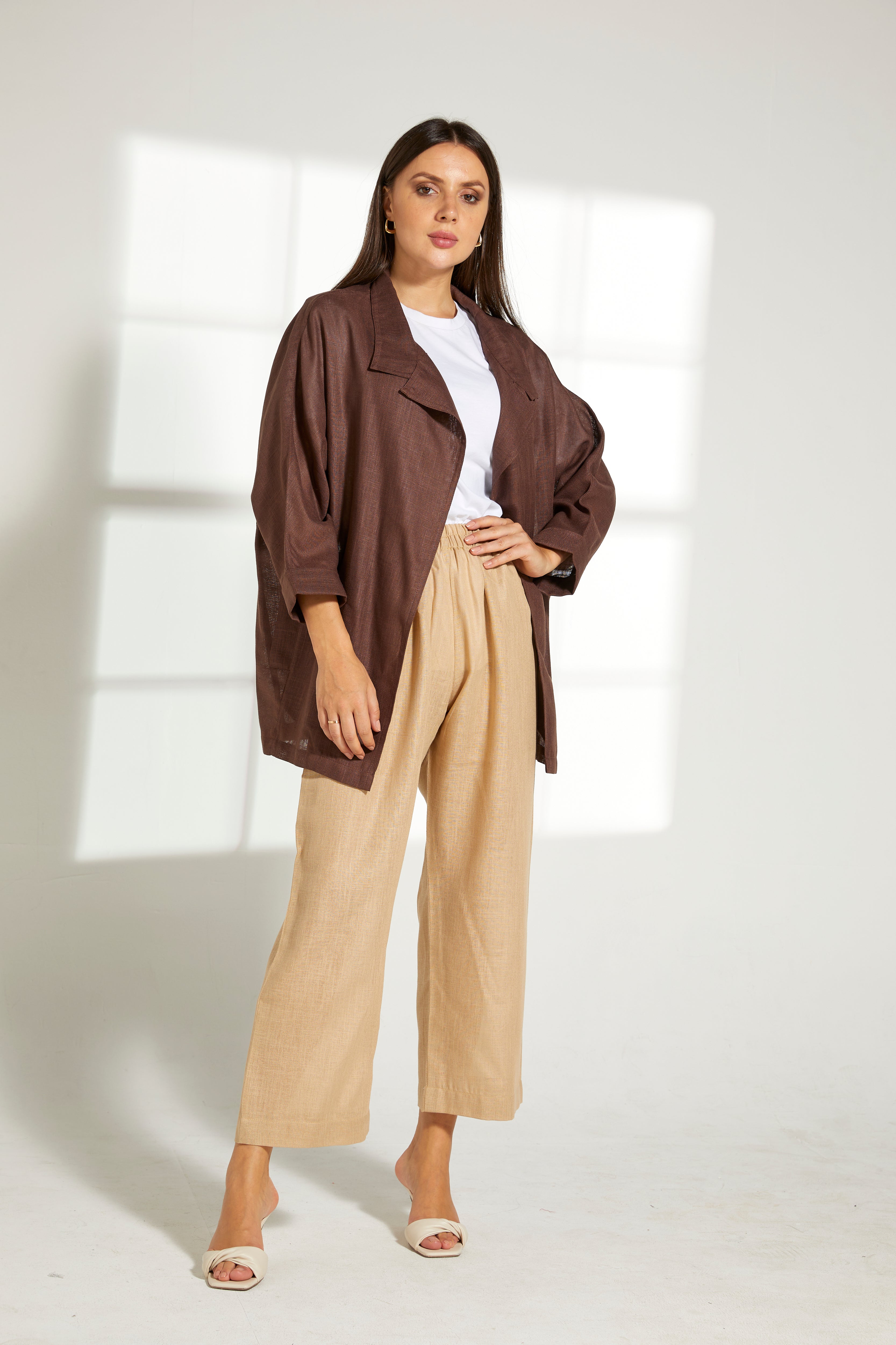 MOiSTREET Brown  Linen Top and Beige Pants Set