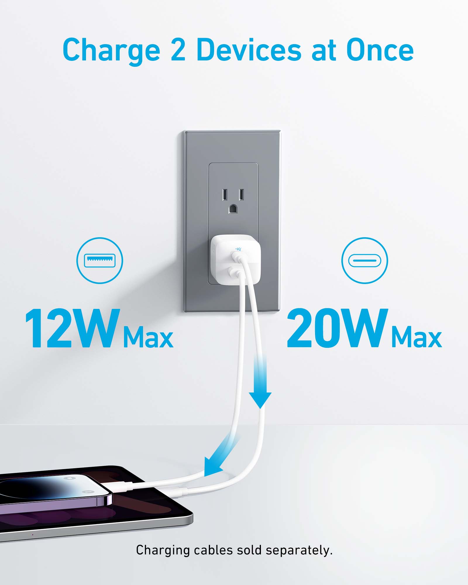 Anker 323 Charger 33W Dual-Port Fast Charger, USB-C PD + USB-A, Compact Design, White