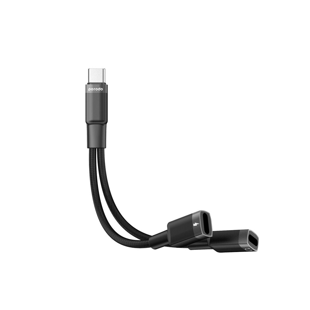 Porodo 2-in-1 Lightning to Dual Type-C Audio & Charging Adapter, Headphone + PD Charging Converter