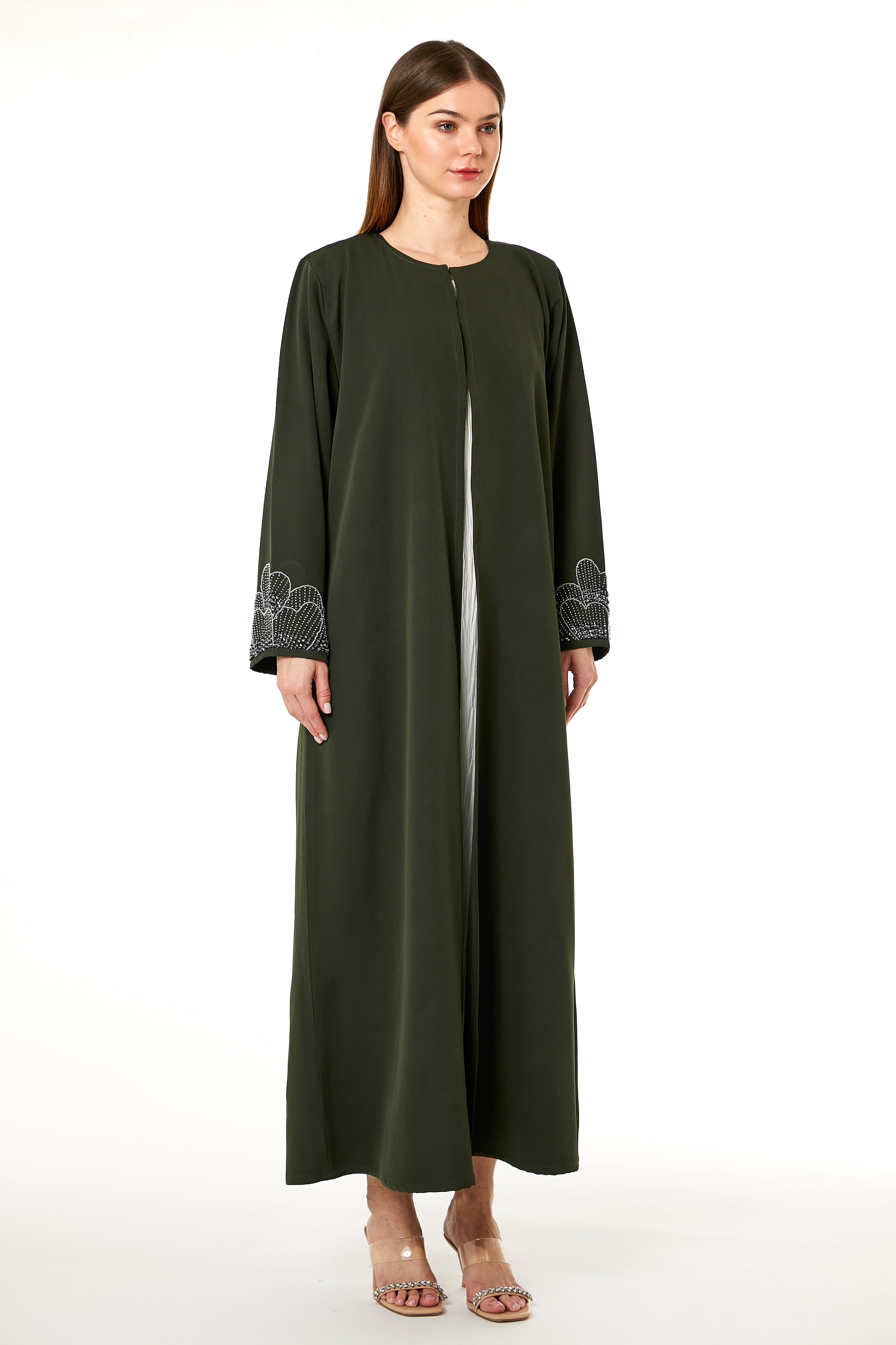 MOiSTREET Dark Green Korean Nida Hand Embellished Abaya
