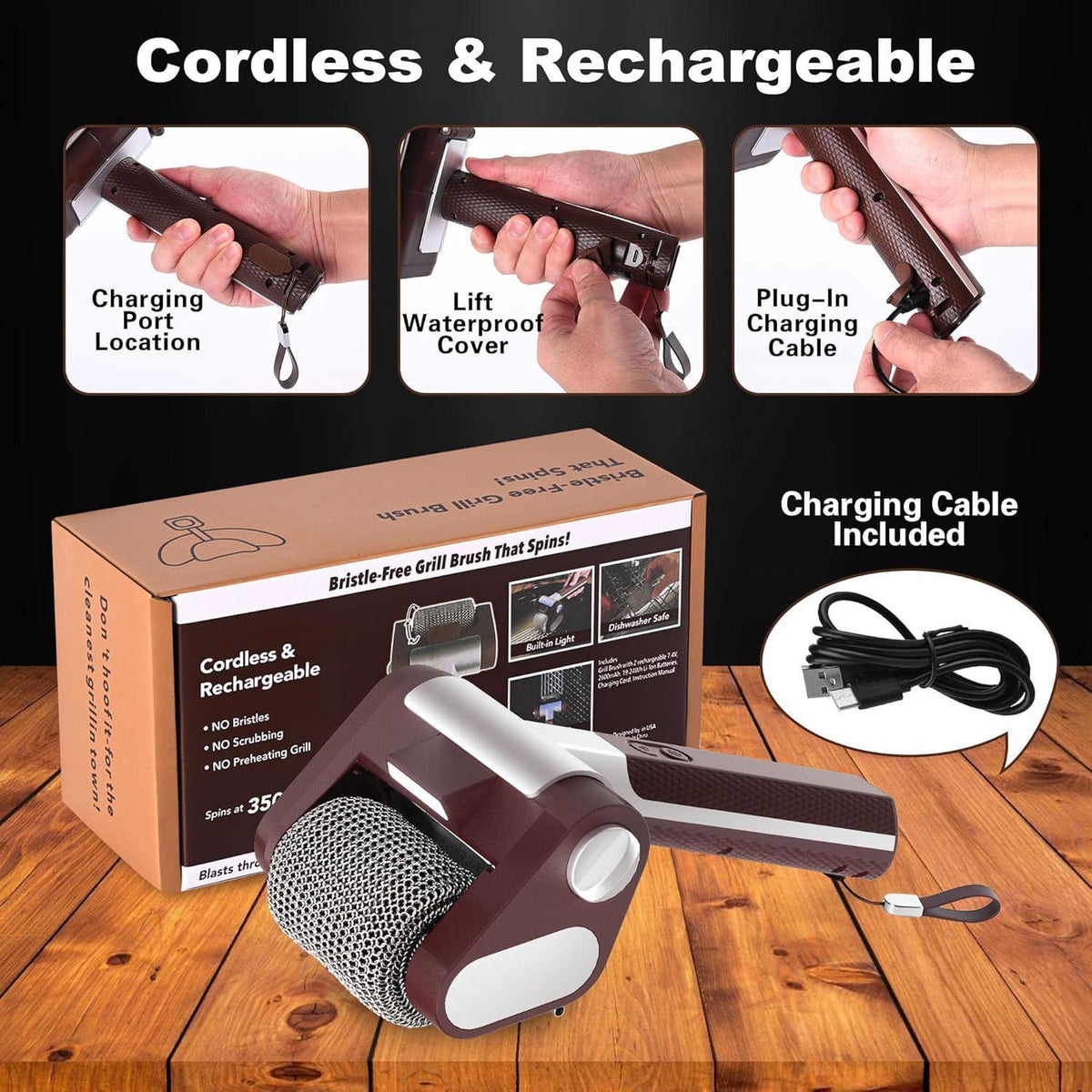 Electric Grill Cleaner Rechargeable Stainless Steel Barbecue Grill Roller Brush