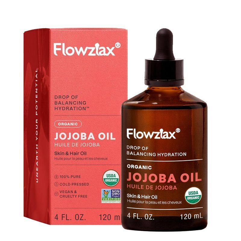 Flowzlax Organic Jojoba Oil 120ml with Box, 100% Pure Natural Cold Pressed Carrier Oil, Moisturizing Massage Oil for Face, Hair, Body, Sensitive Skin Care