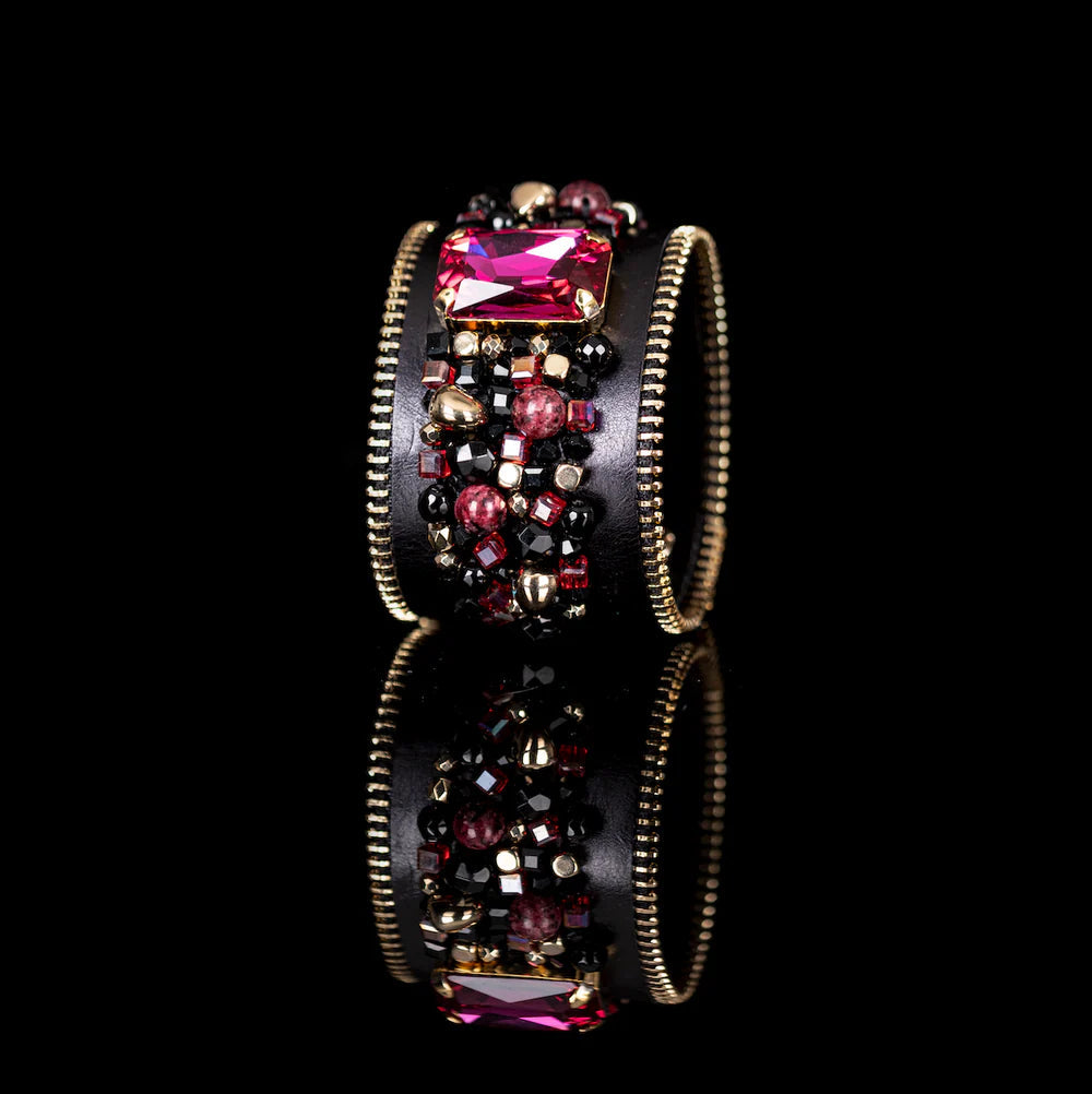 The Dark Black Leather Crystal Statement Cuff Ruby Glass & Gold Zip