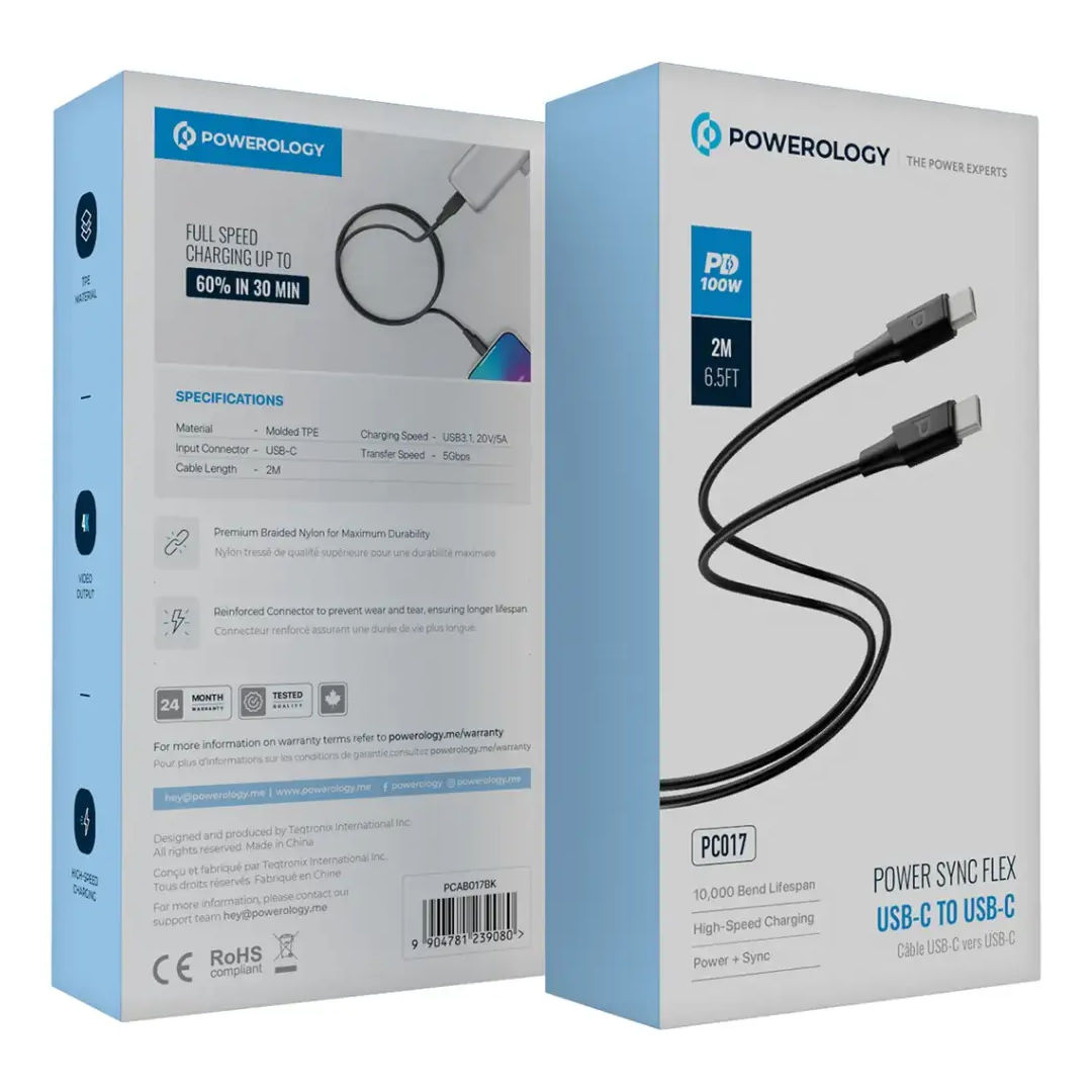 Powerology Power Sync Flex USB-C to USB-C High-Speed Charging Cable, 2M, PD 100W,  Black