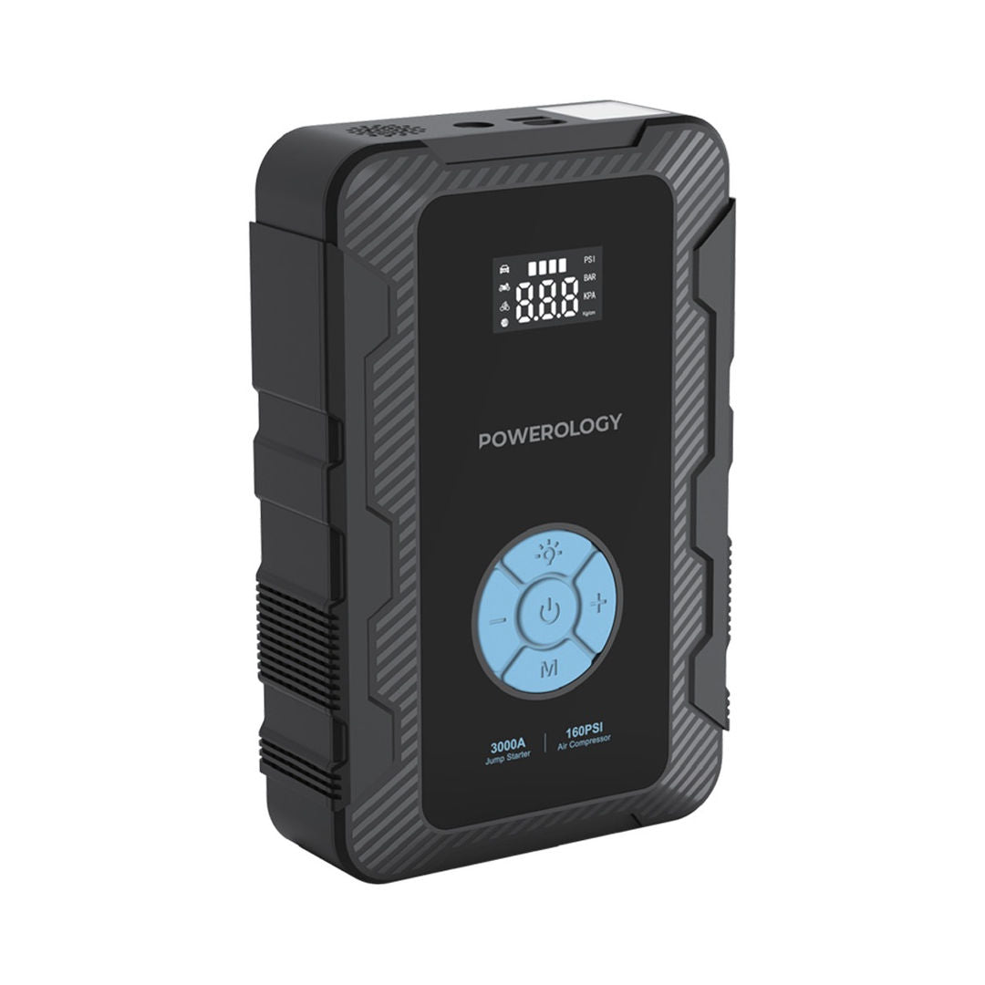 Powerology 20000mAh Power Bank Jump Starter with Air Compressor, 3000A Peak, 45W PD & 160PSI Inflator