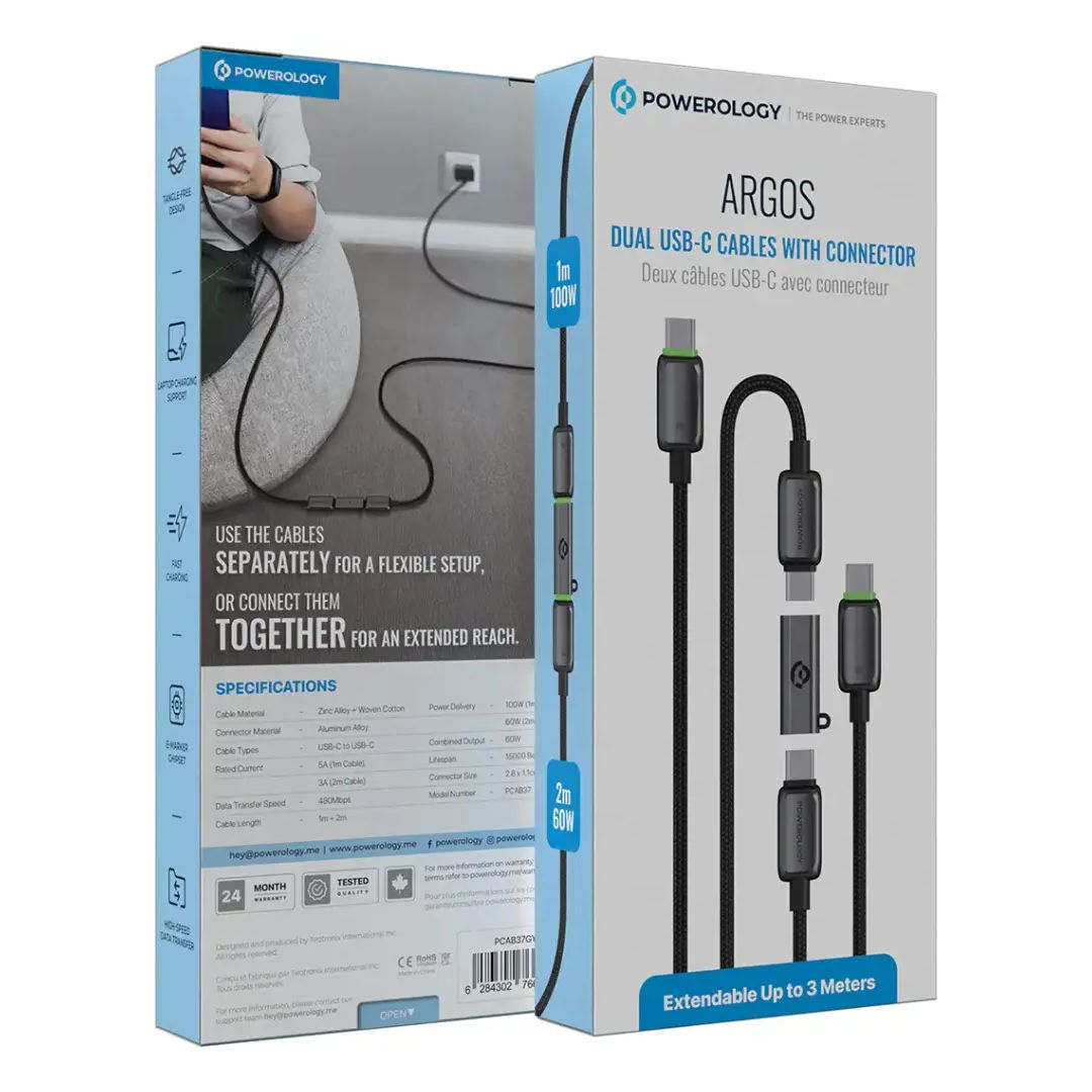 Powerology Argos Dual USB-C Cables With Connector, Gray