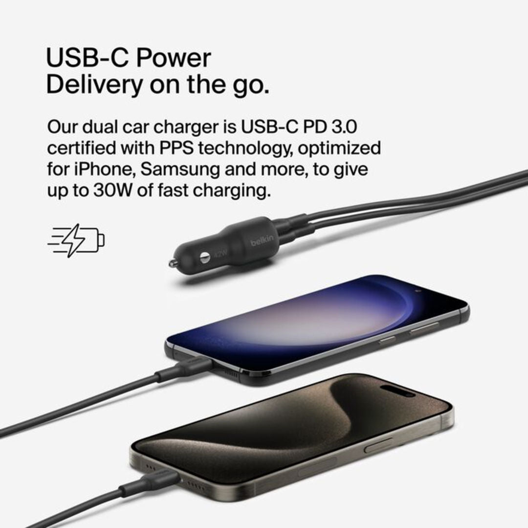 Belkin Boost Charge™ 42W Dual Car Charger, 30W USB-C and 12W USB-A, Black