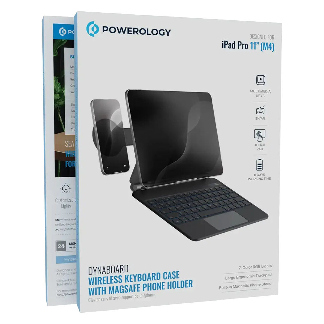 Powerology DynaBoard Wireless Keyboard Case With MagSafe Phone Holder For iPad 11", M4, Black