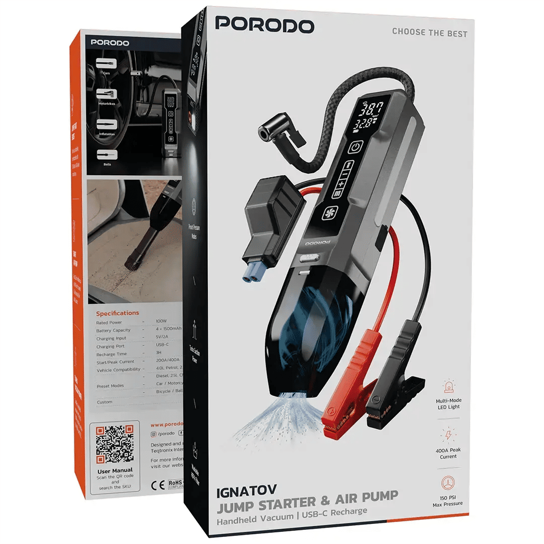 Porodo Ignatov Jump Starter, Air Pump & Handheld Vacuum 41500mAh, Black