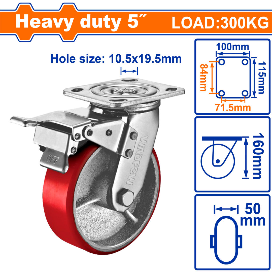 WADFOW Heavy-Duty Swivel Caster Wheel with Brake, Steel + PU Series