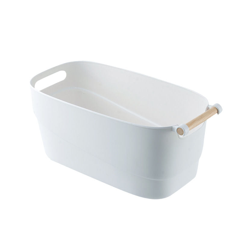 White Plastic Organizer Basket with Wood Handle - Medium 5.8L