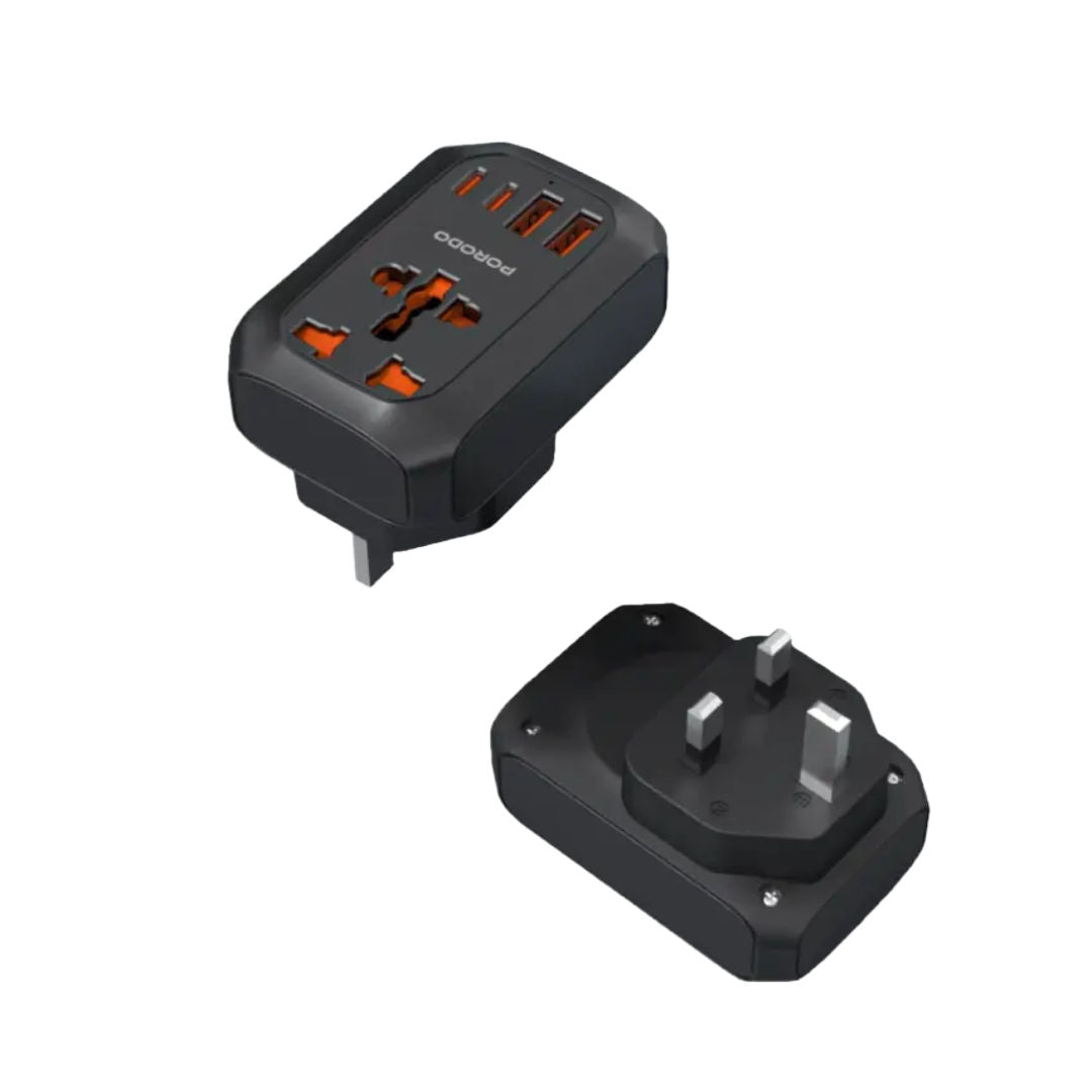 Porodo Universal AC Adapter Multi-Device Charging, 20W USB-C, 2500W Universal Socket, Black