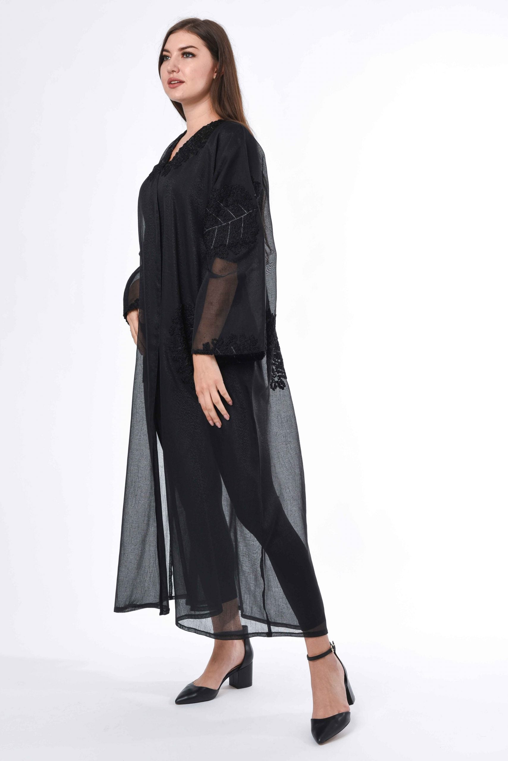 MOiSTREET Black see through Abaya with Hand Embroidery Detail