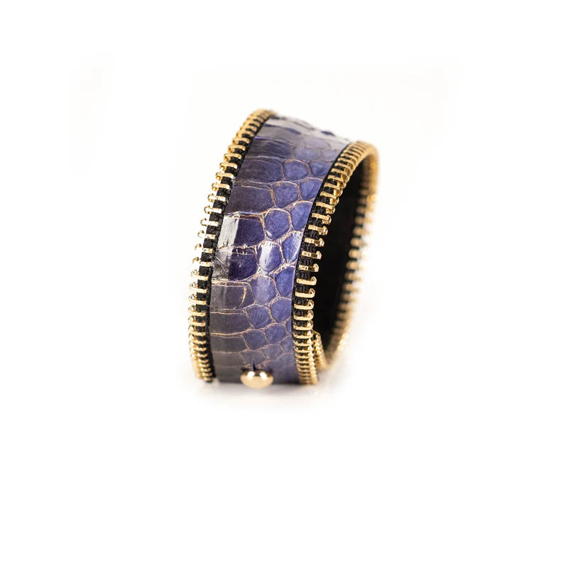 The Dark Purple Python Leather Cuff with Gold Zipper Edges