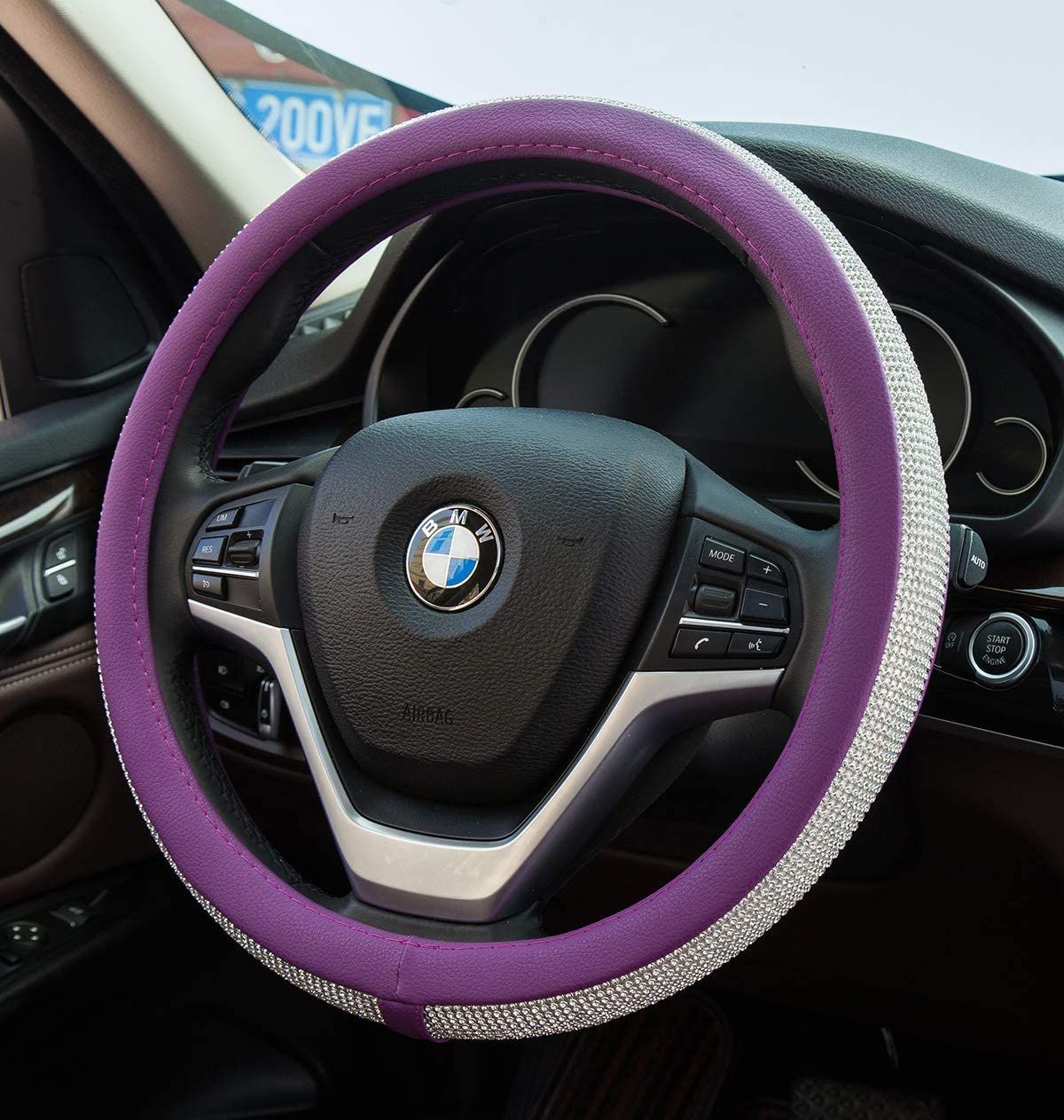 PU Leather Steering Wheel Cover Protector with Bling Crystal Rhinestones for 15 Inch