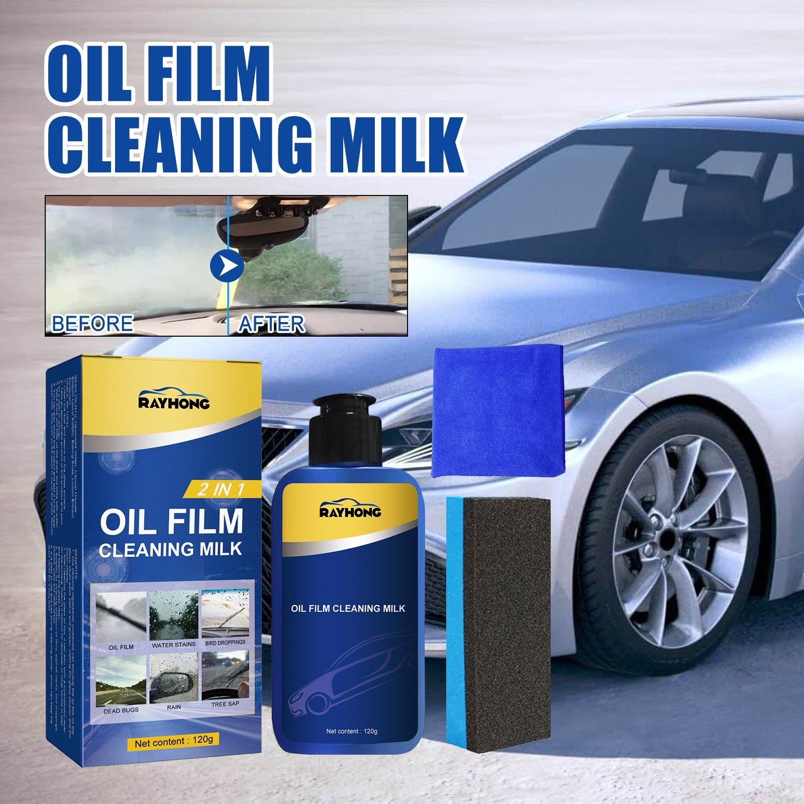 2-in-1 Car Oil Film Cleaner, Decontamination & Stain Removal, Windshield Shine ,1set