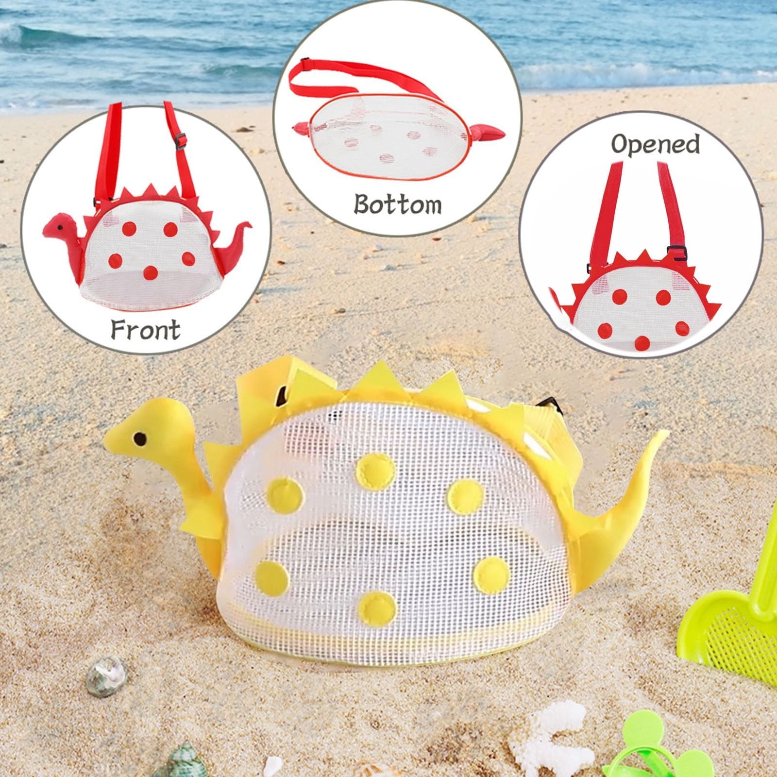 Mesh Beach Bag Kids Shell Bags Sand Toys Storage Bag Dinosaur Shape Crossbody Bag
