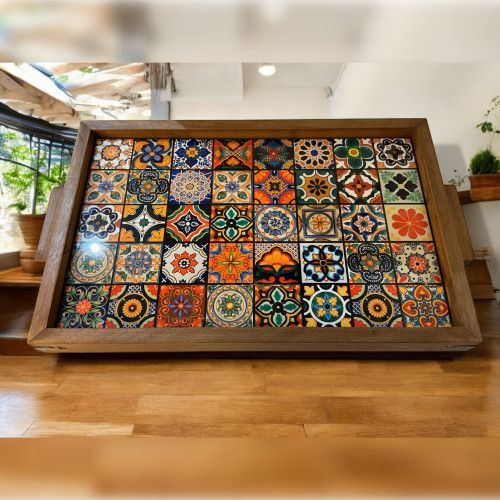 Handmade Ceramic Tile Wooden Serving Tray – Rustic Bohemian Coffee Table Decor