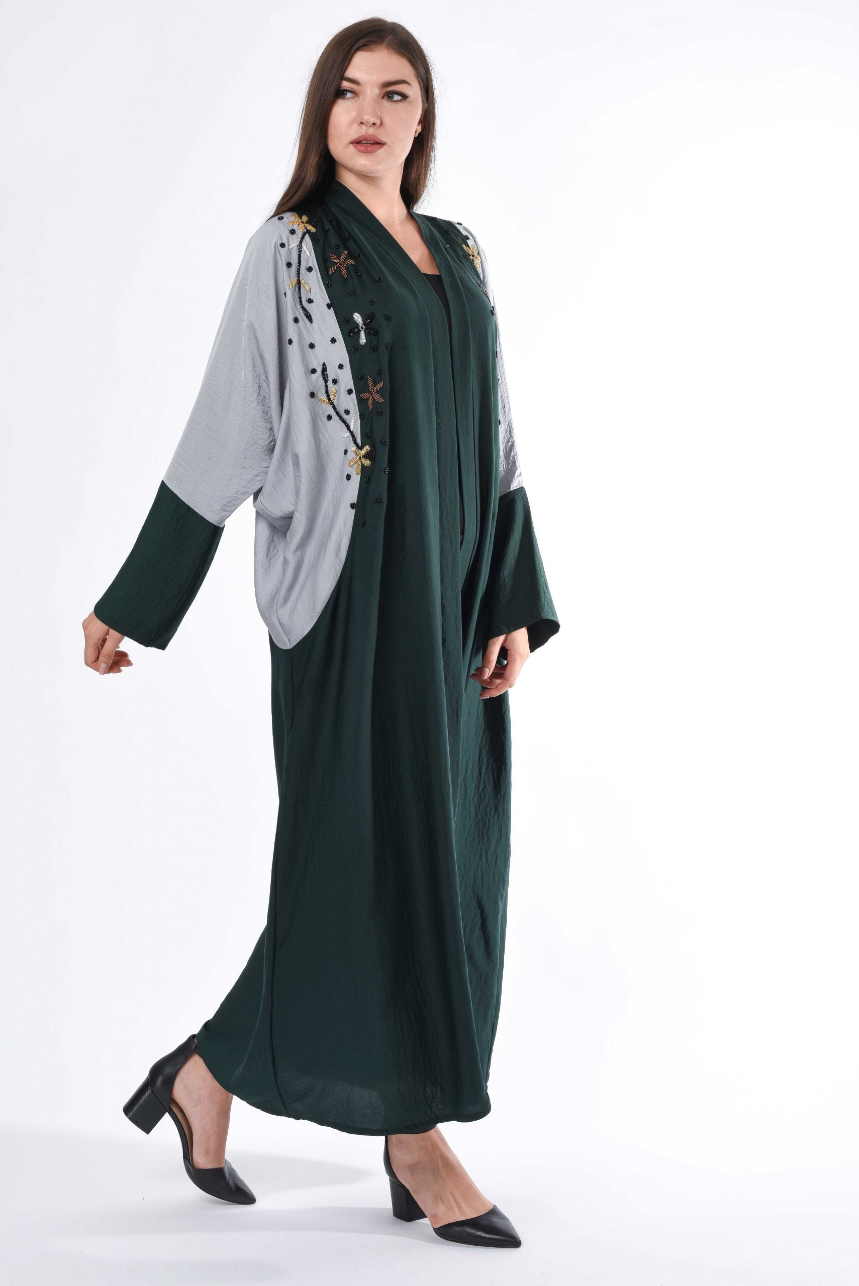 MOiSTREET Green and Grey Hand Embroidery Abaya