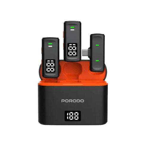 PORODO - طوق لاسلكي مزود بميكروفون مزدوج مع علبة شحن ومحول Lightning - أسود