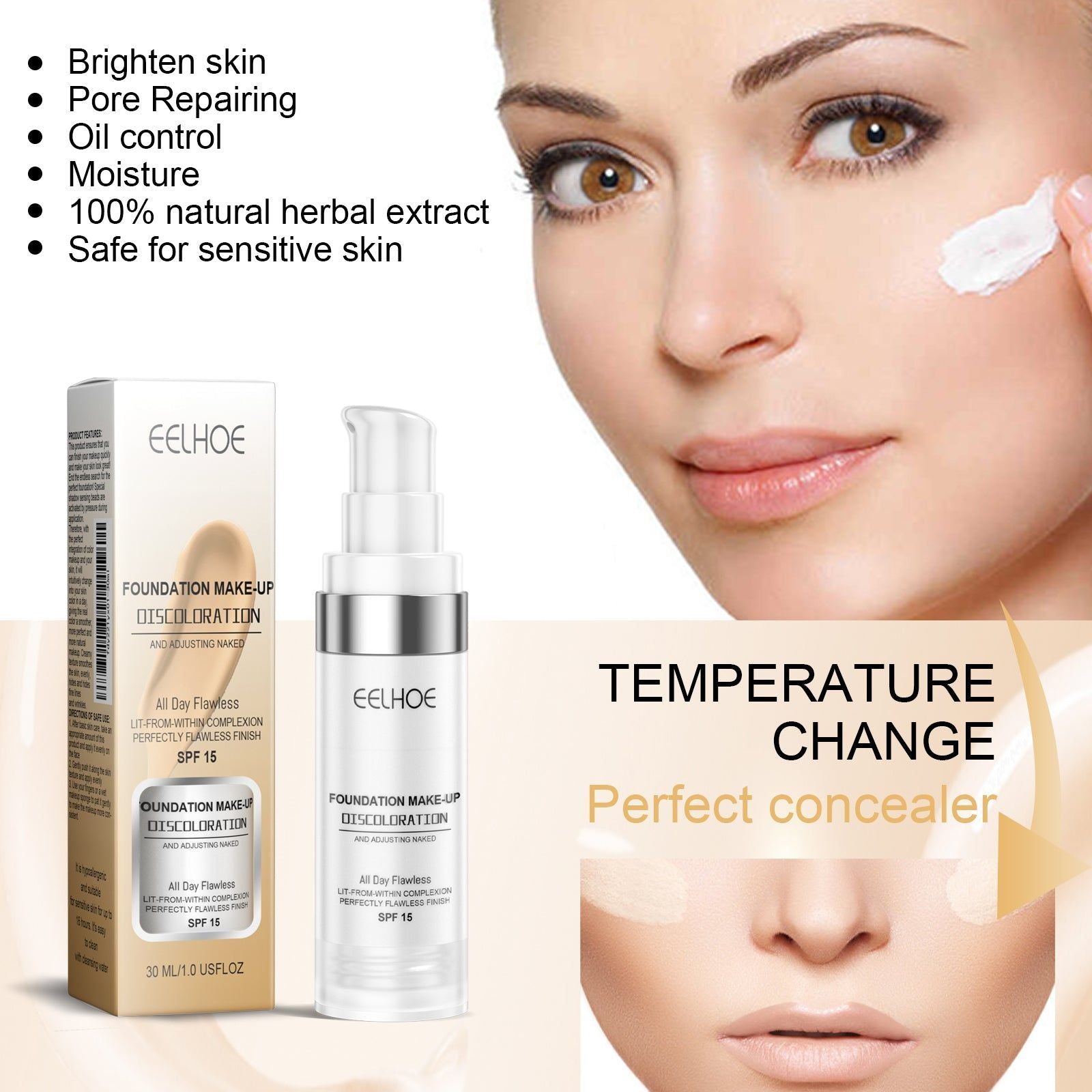 Color Changing Foundation, Long-Lasting Moisturizer, Soft, Brightening, Flawless Skin ,30ml
