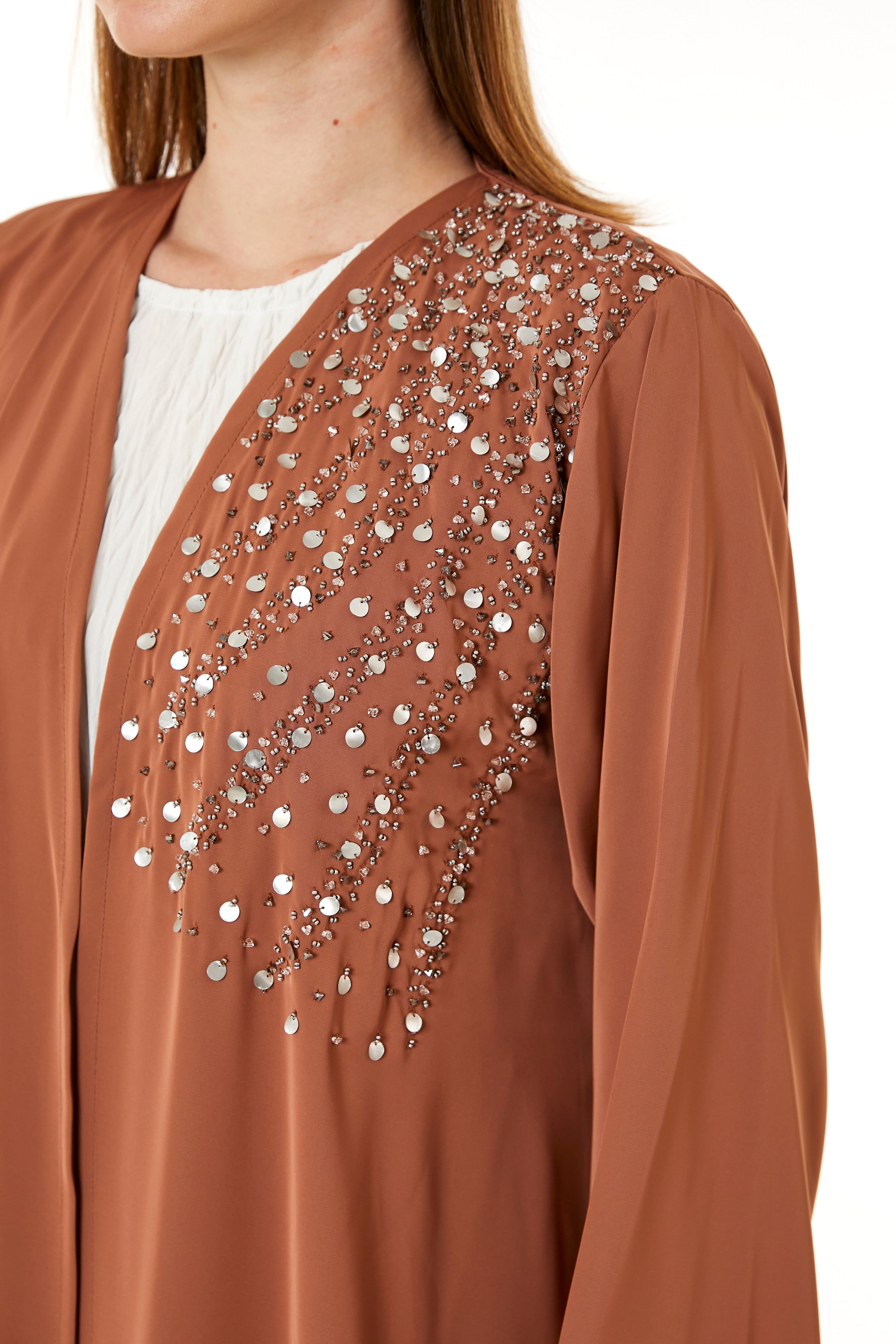 MOiSTREET Orange Korean Nida Hand Embellished Abaya