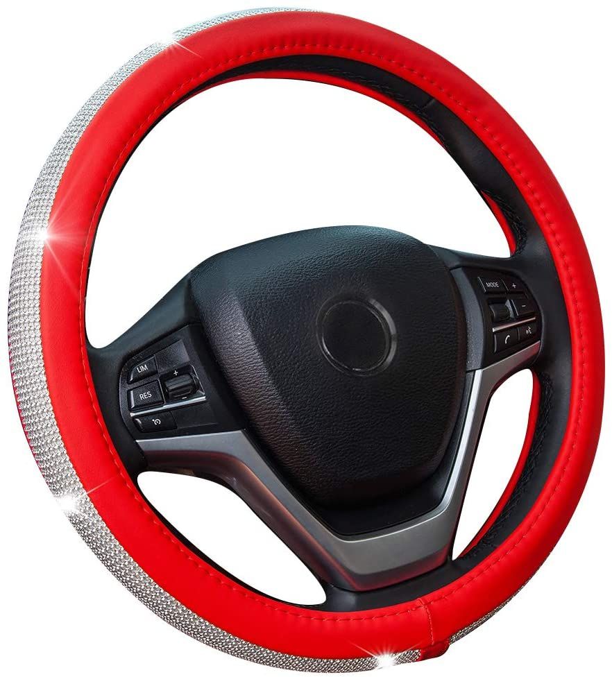 PU Leather Steering Wheel Cover Protector with Bling Crystal Rhinestones for 15 Inch