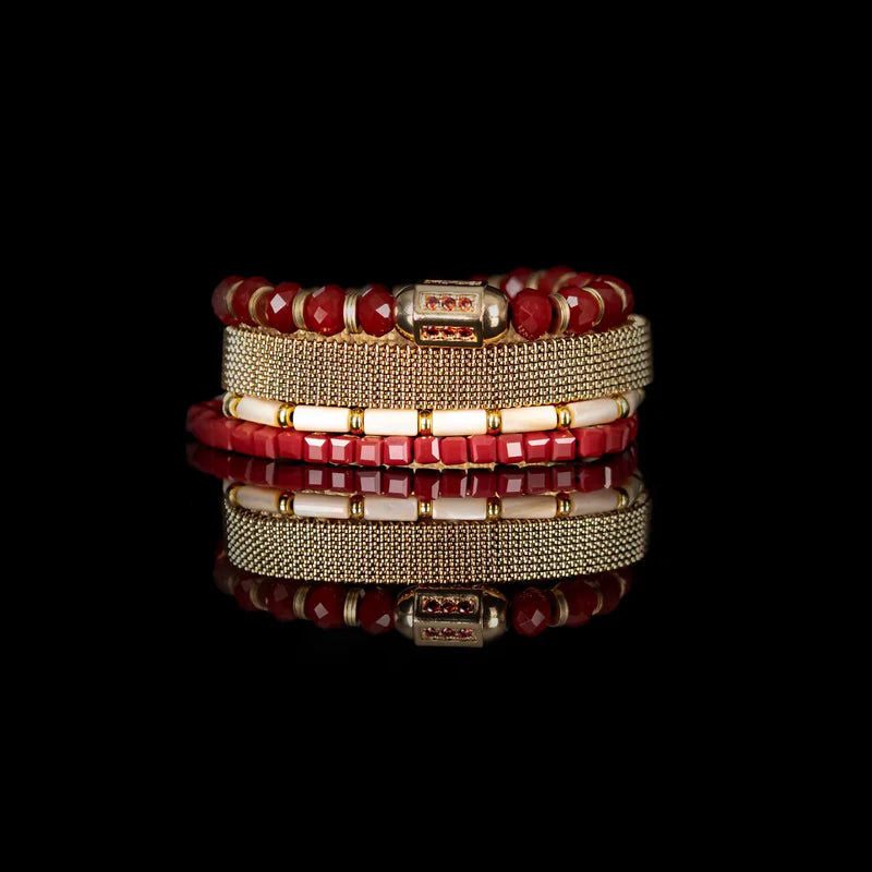 The Dark Ruby Red & Gold Beaded Bracelet Stack Crimson Glow