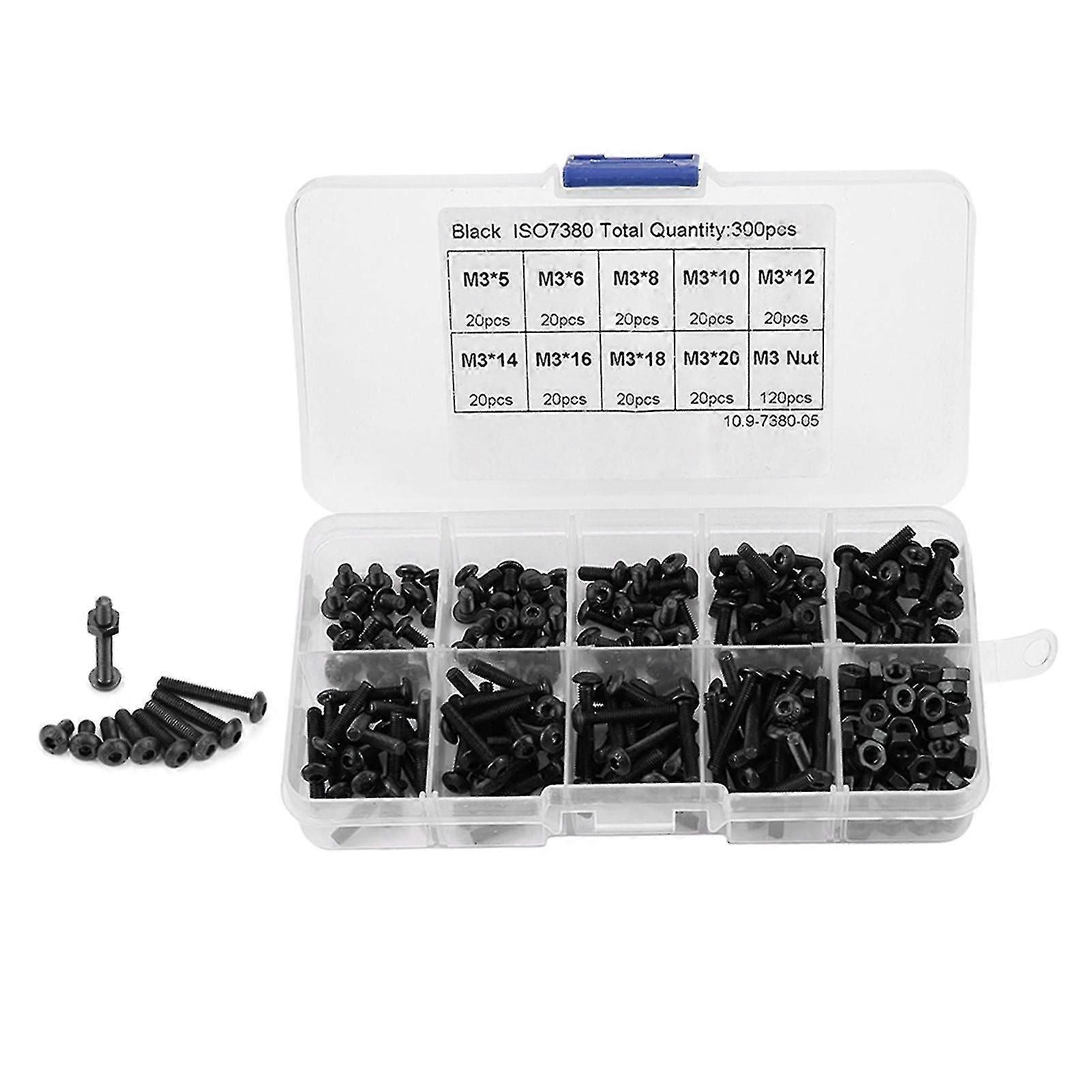 300pcs M3 Black 10.9 Grade Button Head Hex Socket Screw Bolt Nut Assortment Kit