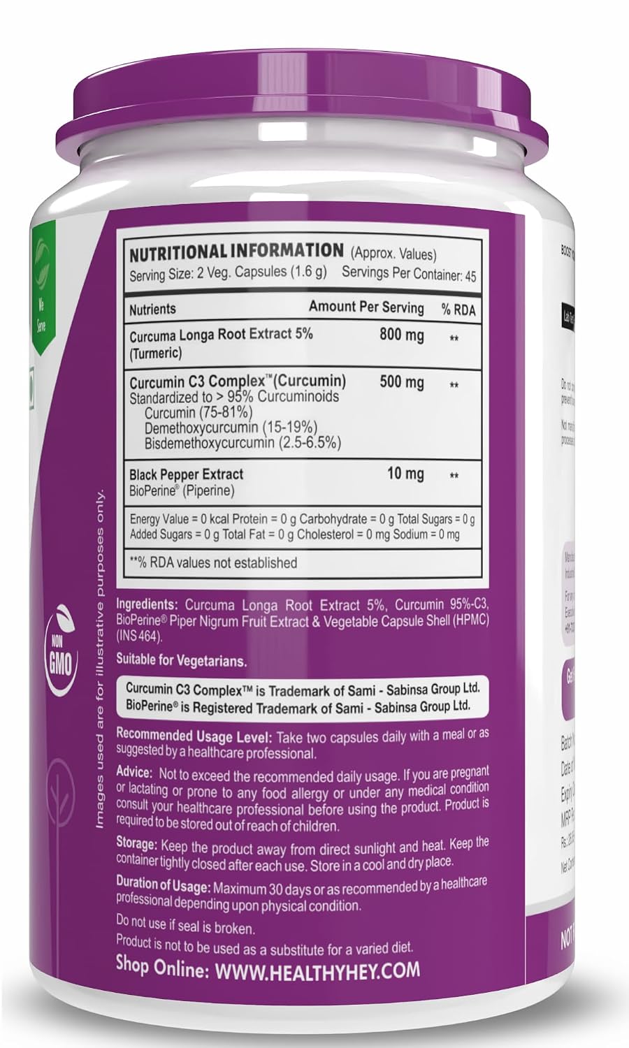 HealthyHeyCurcumin with Bioperine 1310mg (Ultra Pure) | Organic Turmeric, 90 Vegetable Capsules with Piperine
