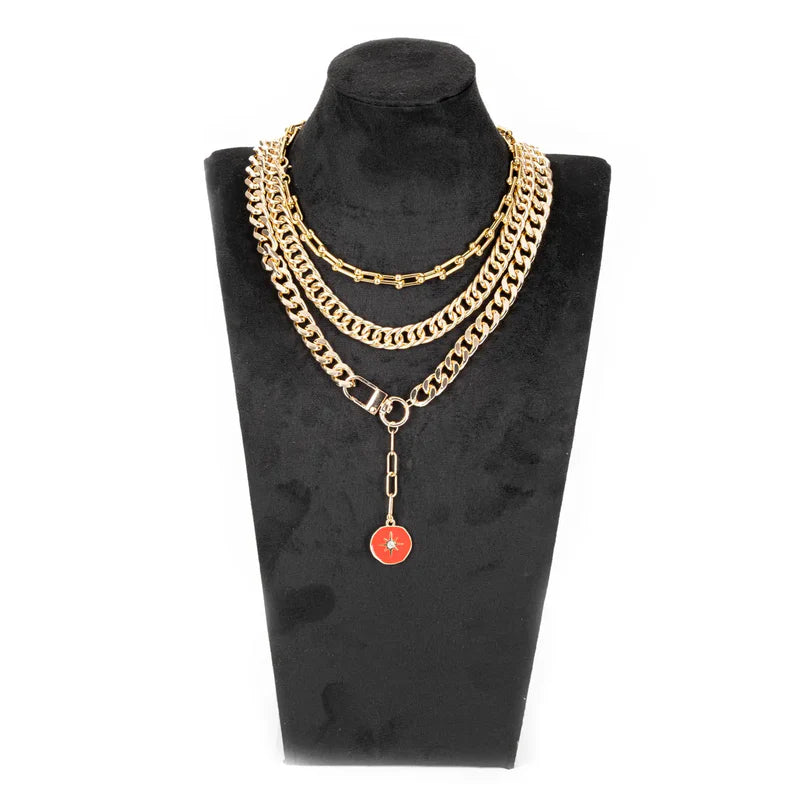 The Dark Layered Gold Chain Necklace with Red Enamel Charm