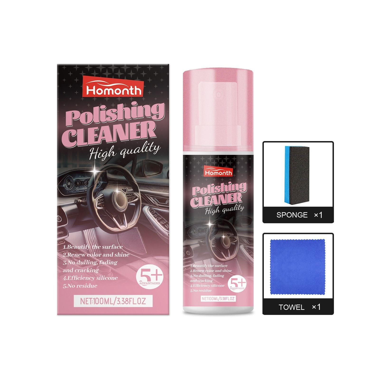 100ml Car Interior Cleaning & Polishing Kit, Gentle Cleaner for Leather, Plastic & Vinyl Surfaces